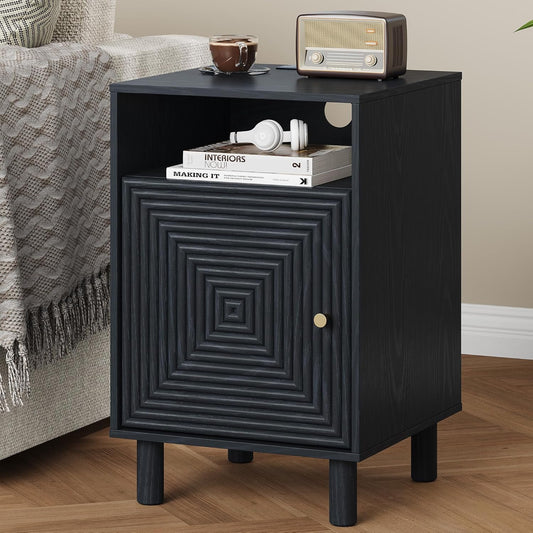Royalcraft Nightstand with 1 Door, Modern Side Table with Charging Station,  Accent End Table with Solid Wood Legs, Bedside Table for Living Room, Bedroom, Entryway