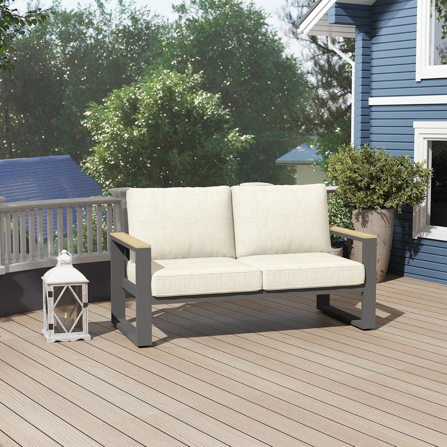 May in Color Aluminum Outdoor Loveseat, All-Weather Metal Patio Furniture Sofa, Patio Sofa Chair for Porch Backyard Garden, Beige