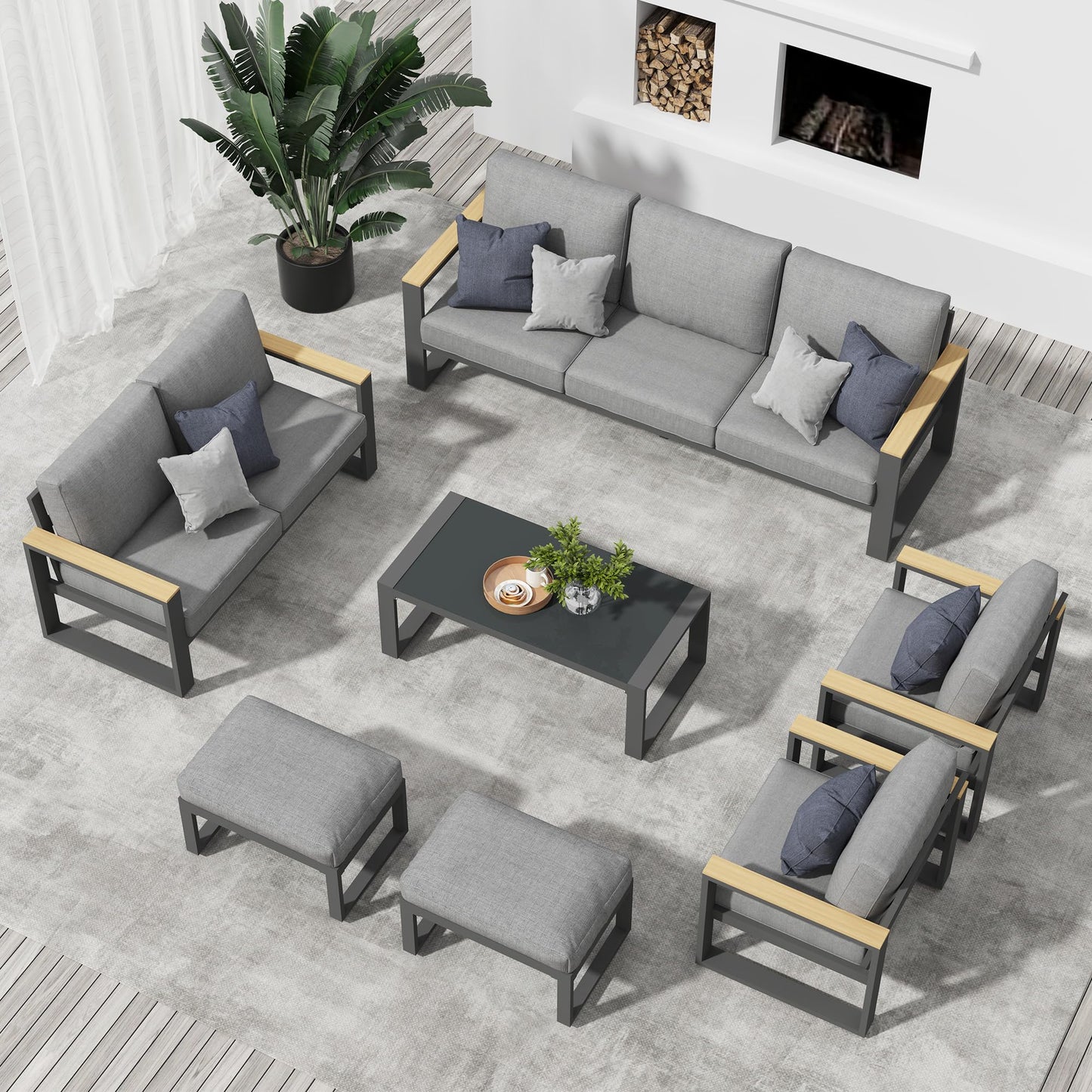 Aluminum Outdoor Patio Furniture Set with Height-adjustable Footrest for Lawn Porches Patio, 6 Piece All-weather Patio Sofa Sets with Coffee Table & Ottomans, Outdoor Patio Conversation set, Grey