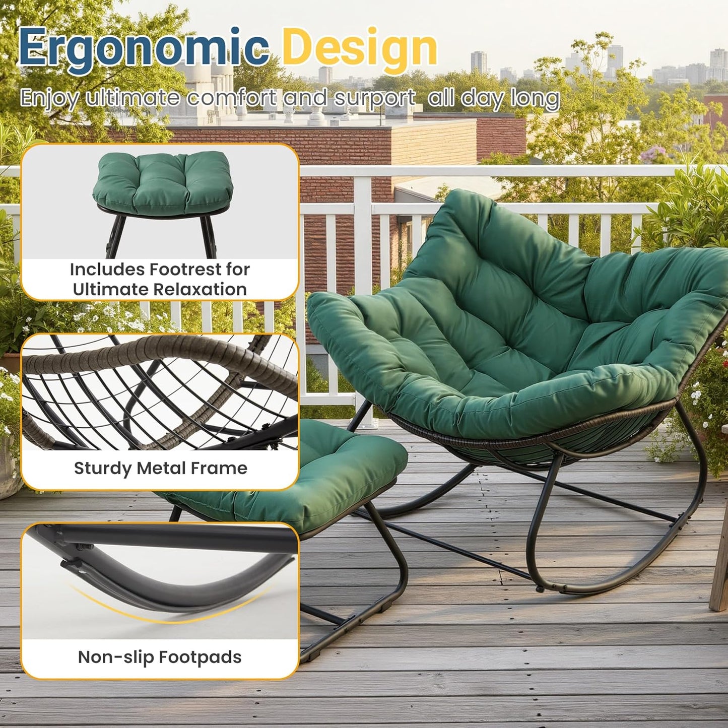 RoyalCraft Patio Rocking Chair with Ottoman and Cushions, Patio Wicker Egg Chair for Outdoor & Indoor, Oversized Papasan Chair, Outdoor Lounge Recliner Chair for Garden, Porch