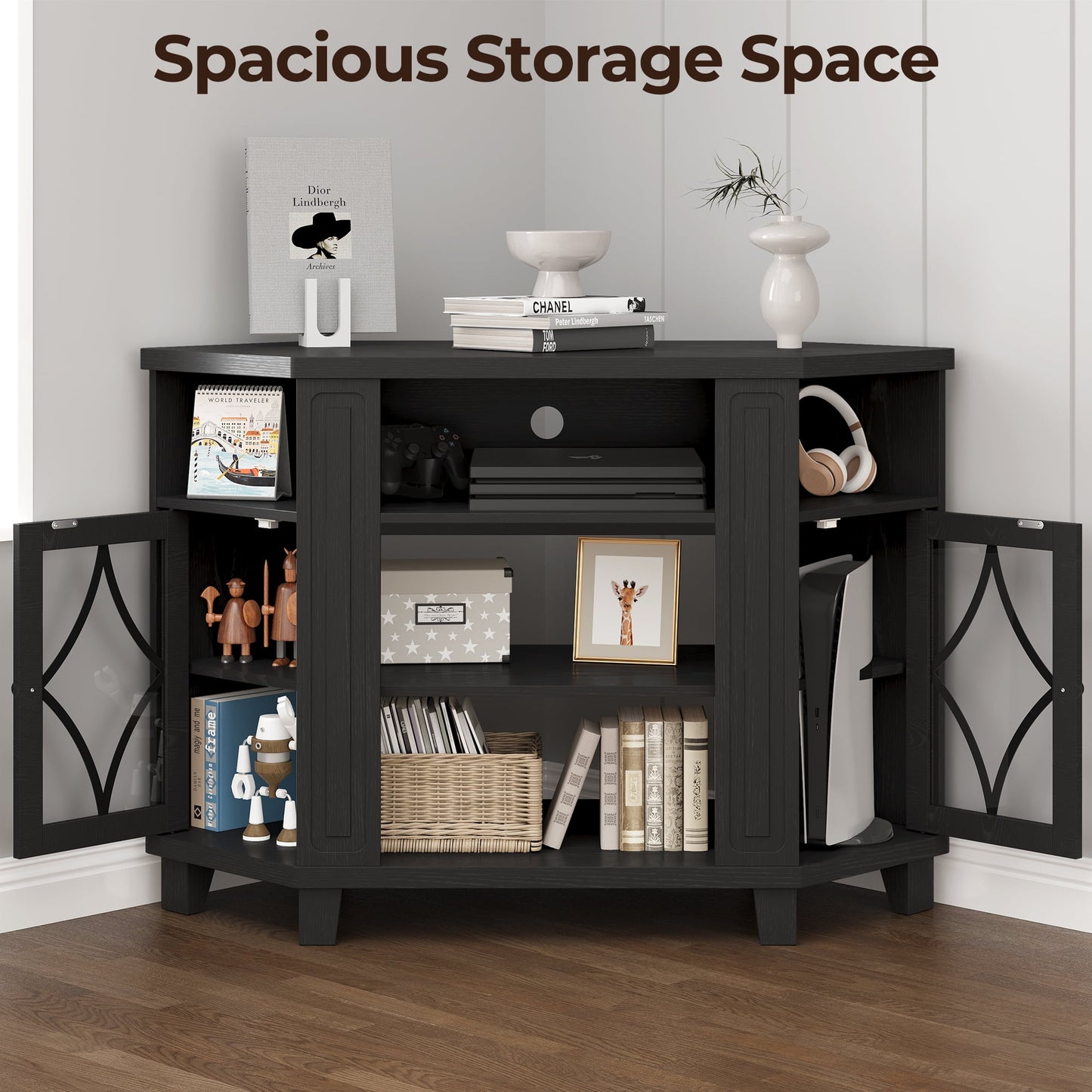 RoyalCraft Corner TV Stands for TVs up to 55'', Media Console Table with Adjustable Shelves, Acrylic Doors with Double-Diamond Design, Wood Modern Entertainment Center for Living Room Bedroom, Black