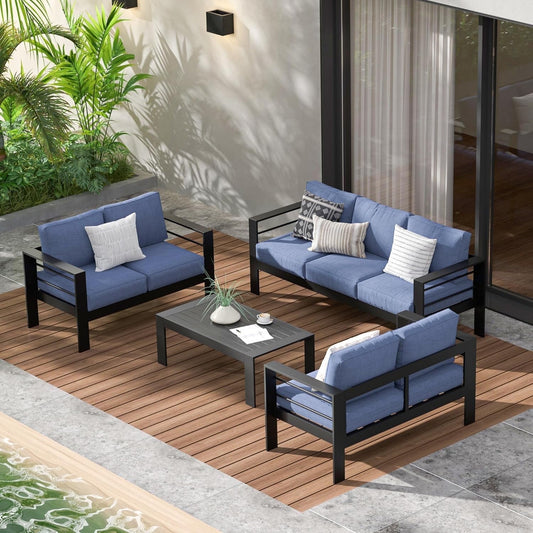RoyalCraft Aluminum Outdoor Patio Furniture Set, Modern Patio Conversation Sets, Outdoor Sectional Metal Sofa with 5 Inch Cushion and Coffee Table for Balcony, Garden, Black Frame & Blue