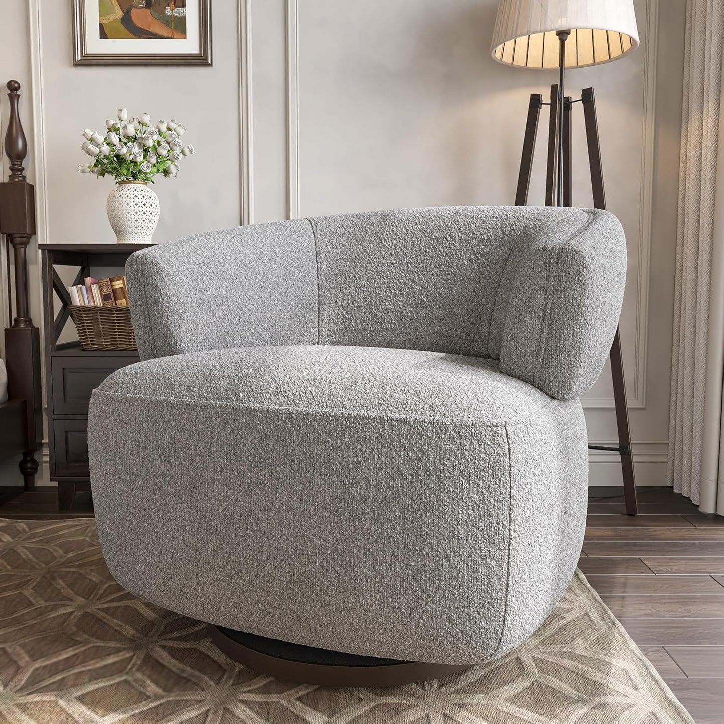 Swivel Accent Chair, Fully Assembled Round Barrel Chairs, Oversized Upholstered Armchair with 360-Degree Base, Modern Club Chair for Living Room, Bedroom, Office, Grey