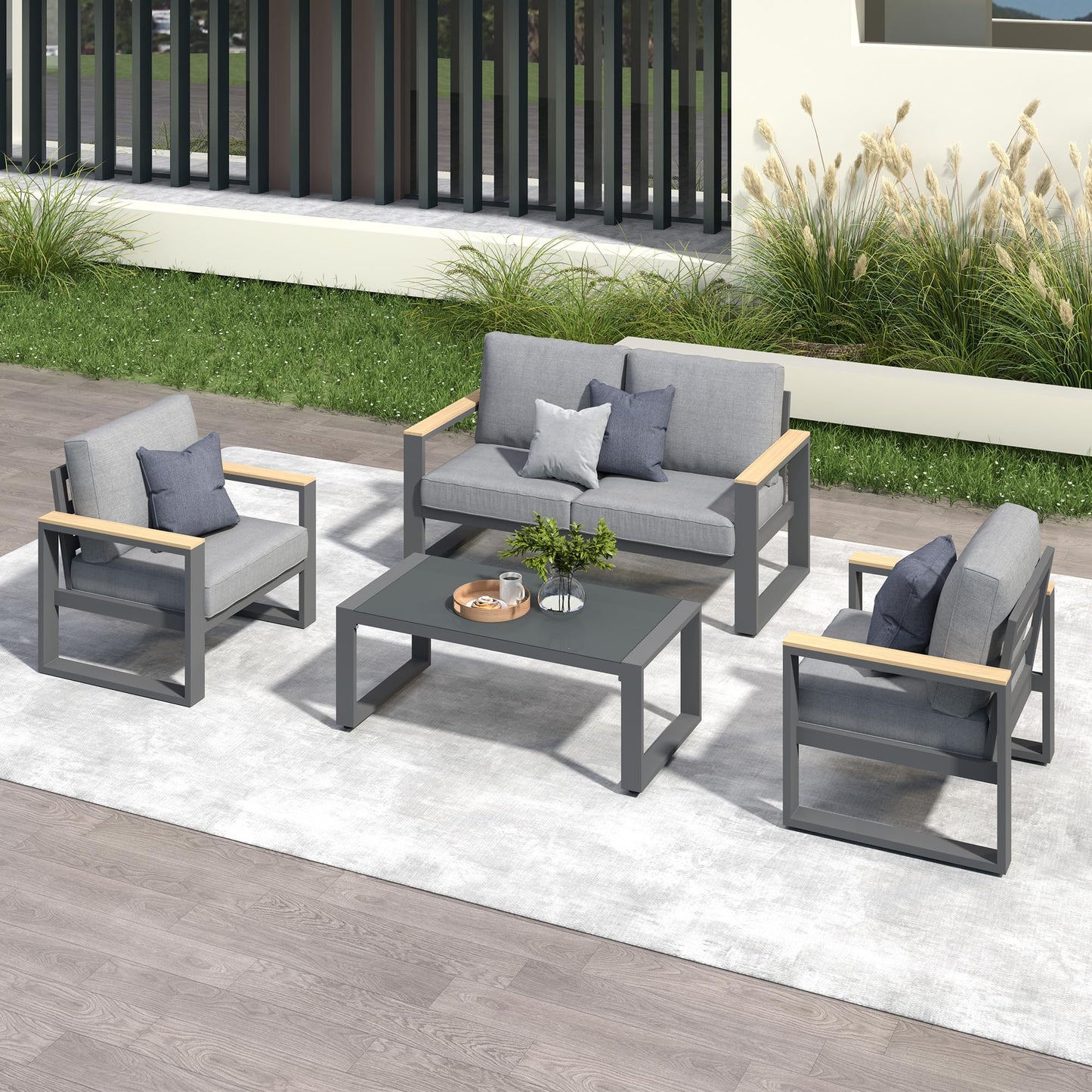 Aluminum Outdoor Patio Furniture Set with Height-adjustable Footrest for Lawn Porches Patio, 4-Seats All-weather Patio Sofa Sets with Coffee Table, Modern Outdoor Patio Conversation set, Grey