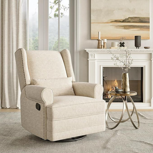 Royalcraft Swivel Nursery Glider Recliner, Comfy Upholstered Glider Chair with Lumbar Pillow and Footrest