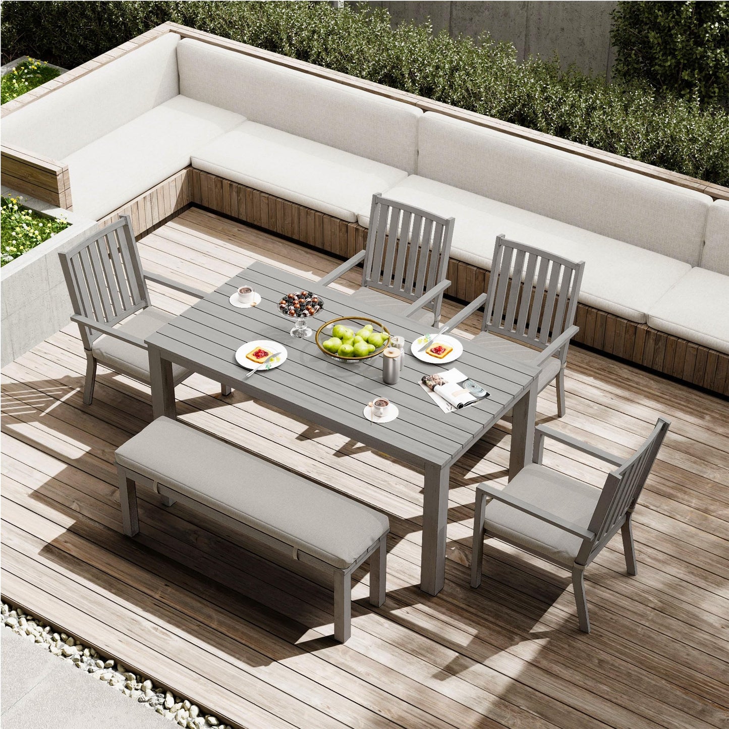 May in Color Aluminum 6 Pieces Patio Dining Sets, Outdoor Dining Table with 4 Chairs and Bench, Outdoor Patio Dining Furniture Set with Removable Cushion for Lawn, Garden, Backyard, Gray