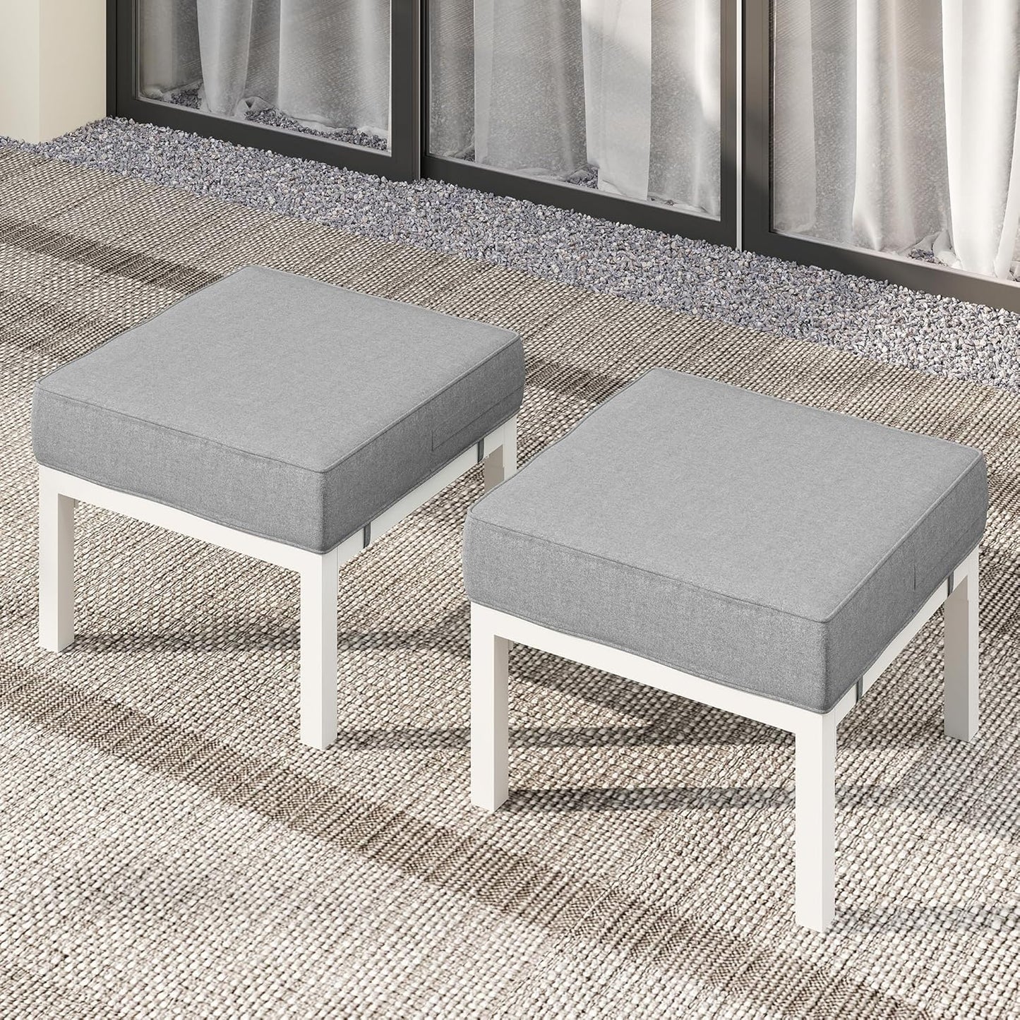 Royalcraft Outdoor Footstools Patio Ottoman Set of 2, Aluminum All-Weather Outdoor Footrest Seat with Removable Cushions, Patio Furniture Ottomans for Garden, Backyard, Poolside-Gray