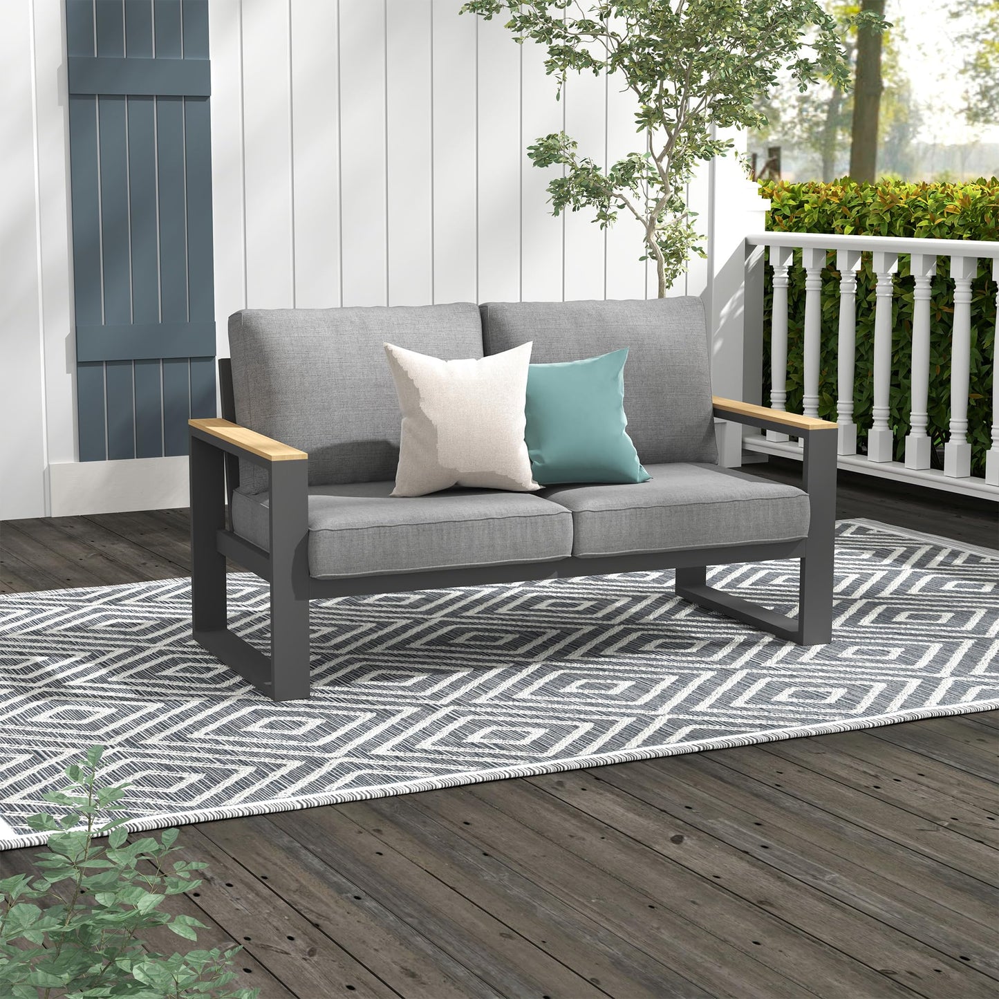 CozyHome Aluminum Outdoor Loveseat, All-Weather Metal Patio Furniture Sofa, Patio Sofa Chair for Porch Backyard Garden, Grey