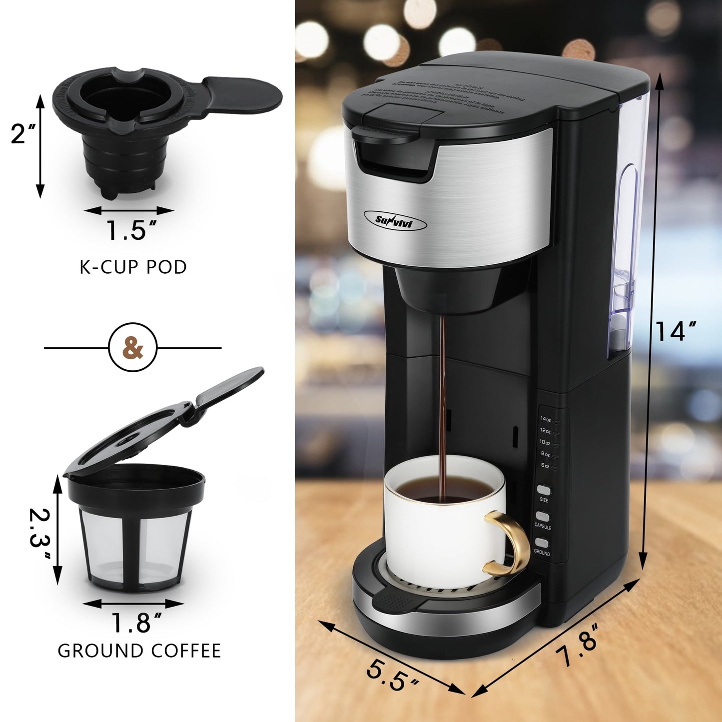 RoyalCraft Single Serve Coffee Maker For Single Cup Pod & Coffee Ground, Stainless SteelRemovable Reservoir, Compact Coffee Machine Brewer with 6 to 14 oz. Brew Sizes, Black