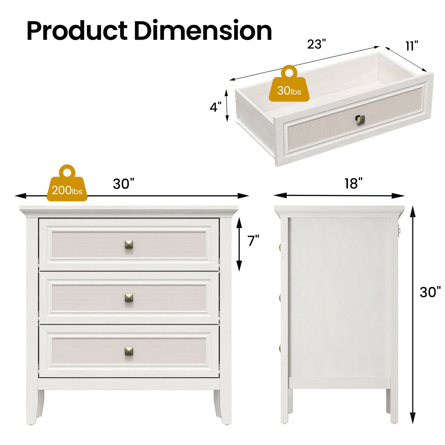 3 Drawer Dresser, Cane Nightstand with Rattan Decorated Drawers, Tall Bedside End Table for Bedroom, Living Room, Entryway