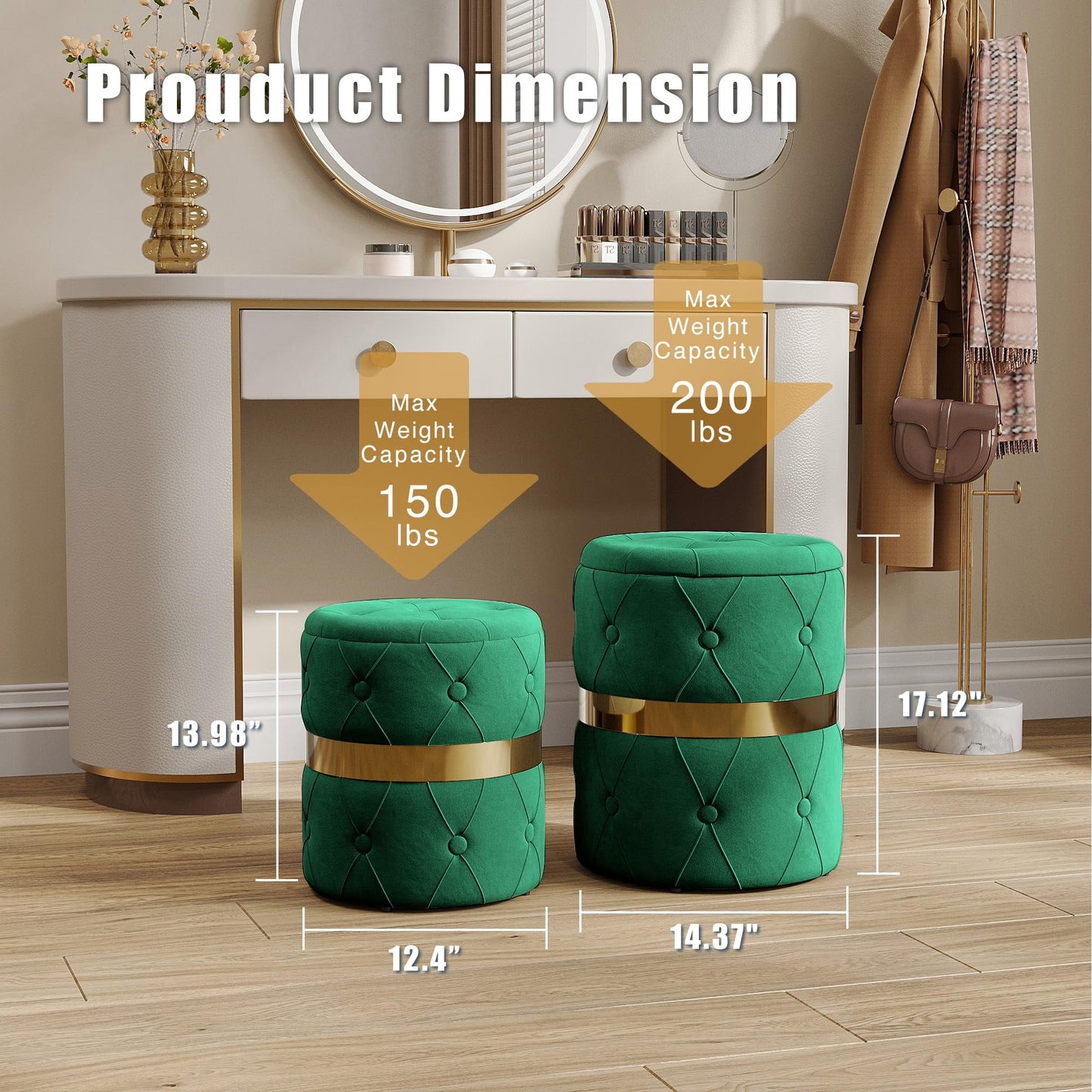 Superjoe Storage Ottoman Set of 2, Versatile Footrest Stool with Stainless Steel Base, Modern Round Vanity Stool Chair Foot Stools, Support 200lbs Padded Seat, for Living Room, Bedroom, Green