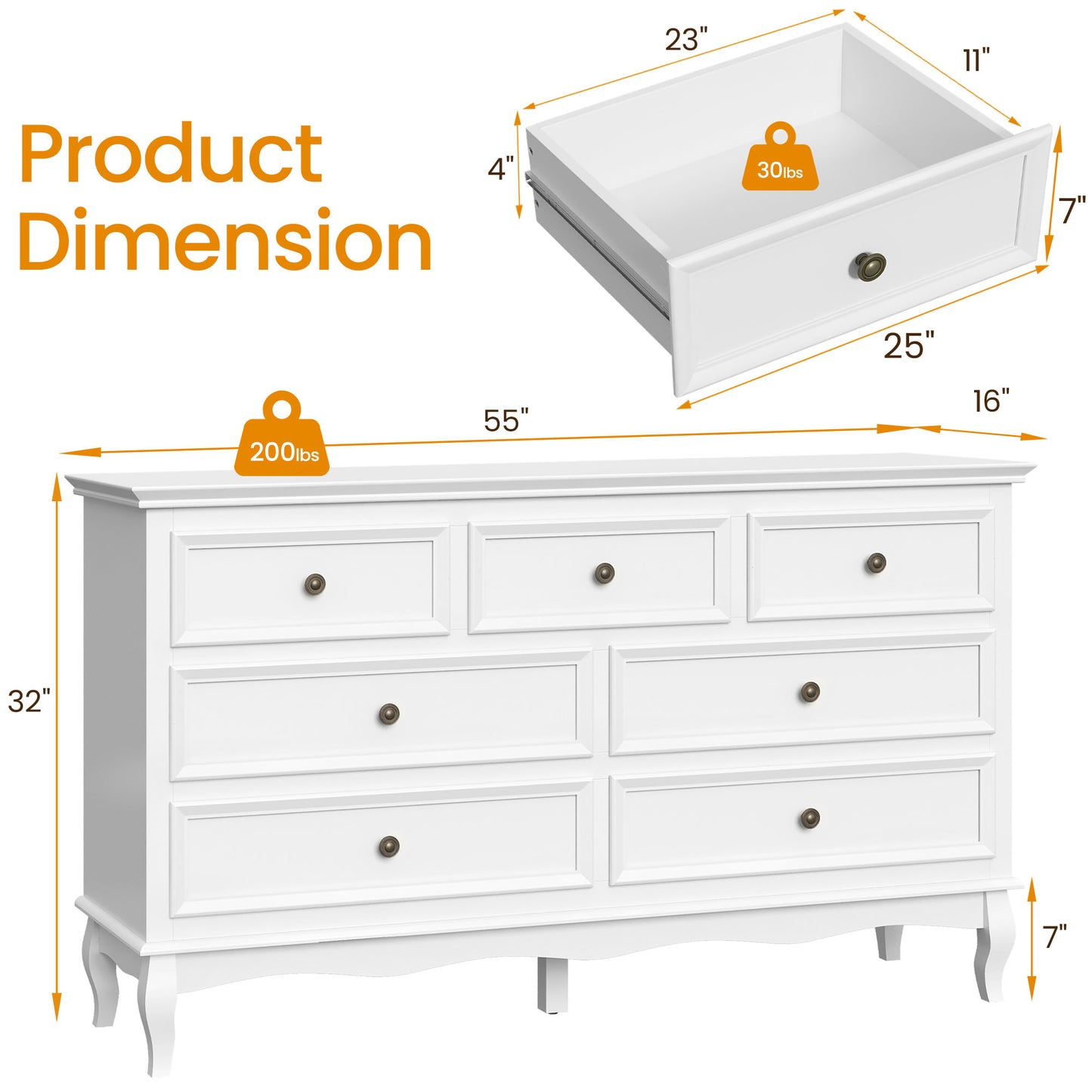 Dresser for Bedroom, 7 Drawers Dresser with Distinctive Wooden Legs & Black Paint Finish, Black Drawer Dresser with Spacious Storage Space for Bedroom, Living Room, Hallway