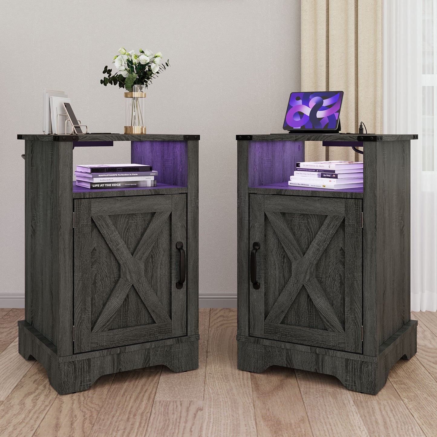 LED Nightstand Set of 2 with Charging Station, Farmhouse Wooden Side Table, Bedside Table with Storage Cabinet and Shelf, Rustic End Table for Bedroom, Living Room
