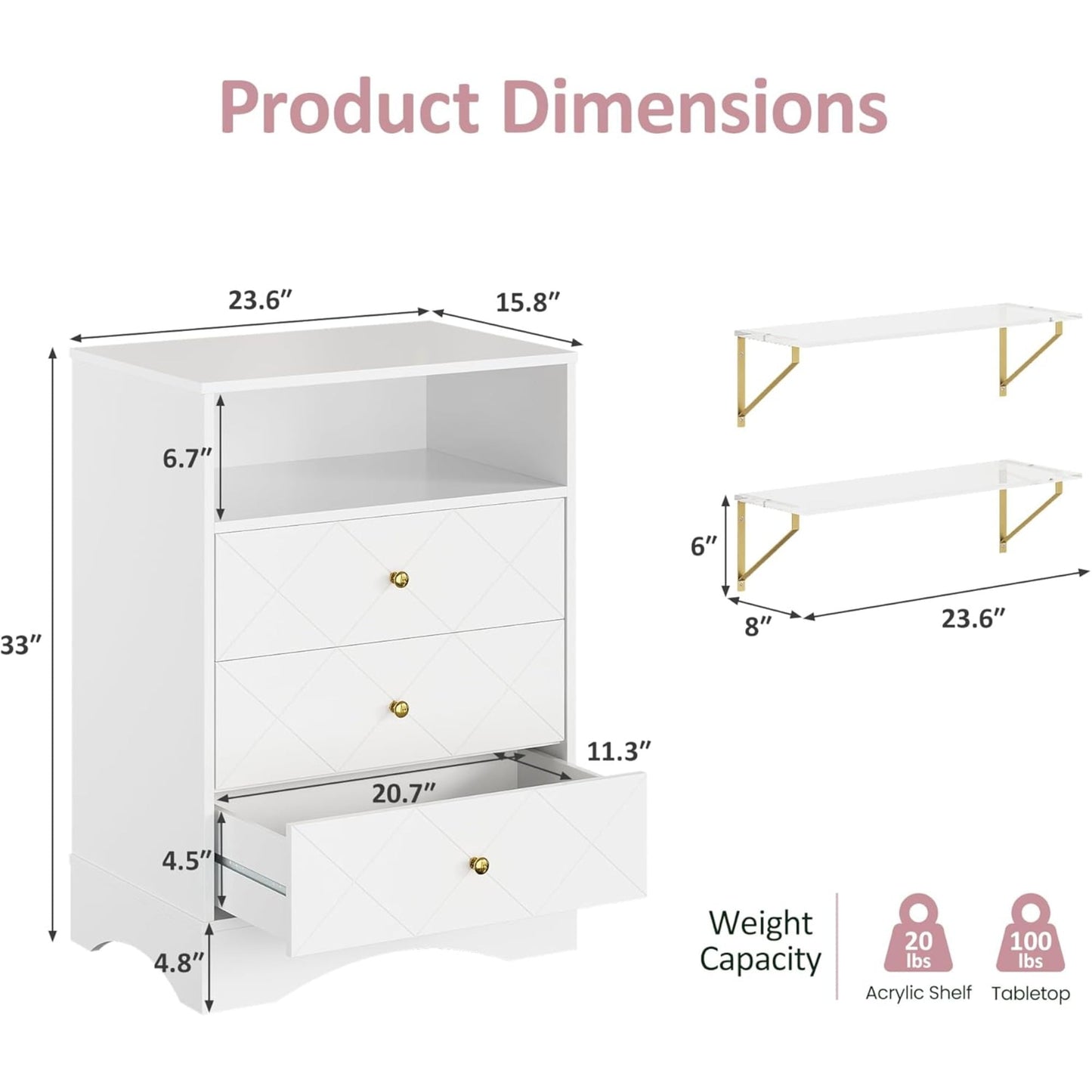 CozyHome Dresser with Drawers & Floating Shelves, 3 Drawer Dresser with Open Storage & Painted Finish, Modern Storage Dresser for Toddler Room, Bedroom, Closet, Hallway, White