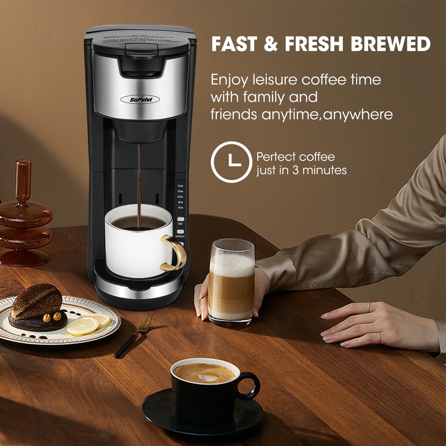 RoyalCraft Single Serve Coffee Maker For Single Cup Pod & Coffee Ground, Stainless SteelRemovable Reservoir, Compact Coffee Machine Brewer with 6 to 14 oz. Brew Sizes, Black