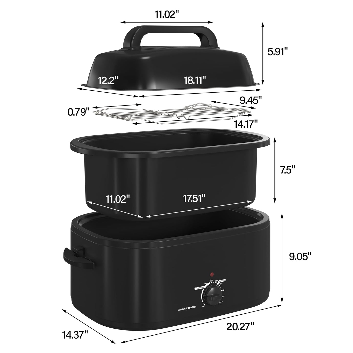RoyalCraft 26 Quart Electric Turkey Roaster Oven with Visible Glass Lid, with Removable Pan & Rack, Stainless Steel, White
