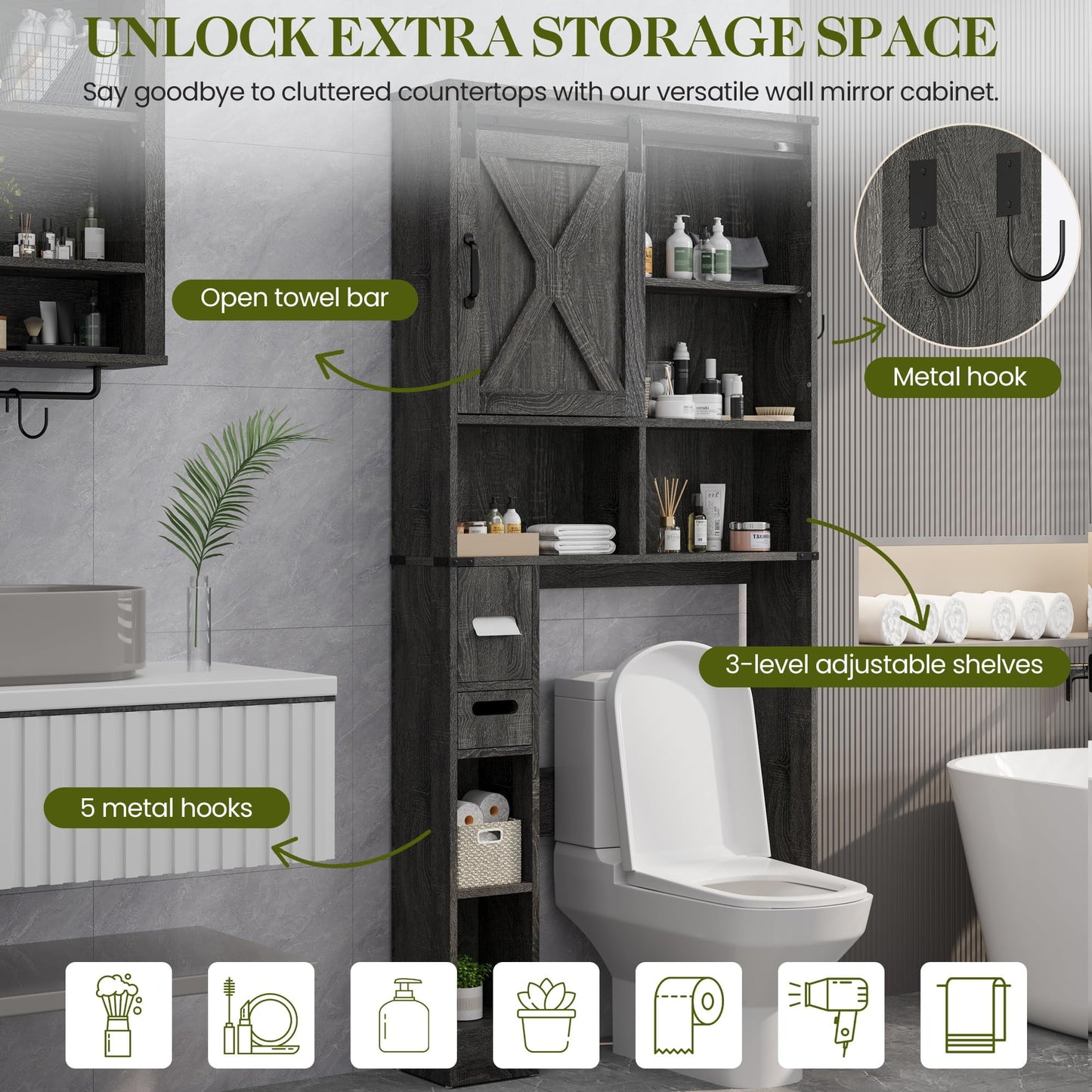 Superjoe Over The Toilet Storage Cabinet, Farmhouse Storage Cabinet Over Toilet with Sliding Barn Door, Home Space-Saving Toilet Rack, Behind Toilet Bathroom Organizer for Bathroom, Dark Grey