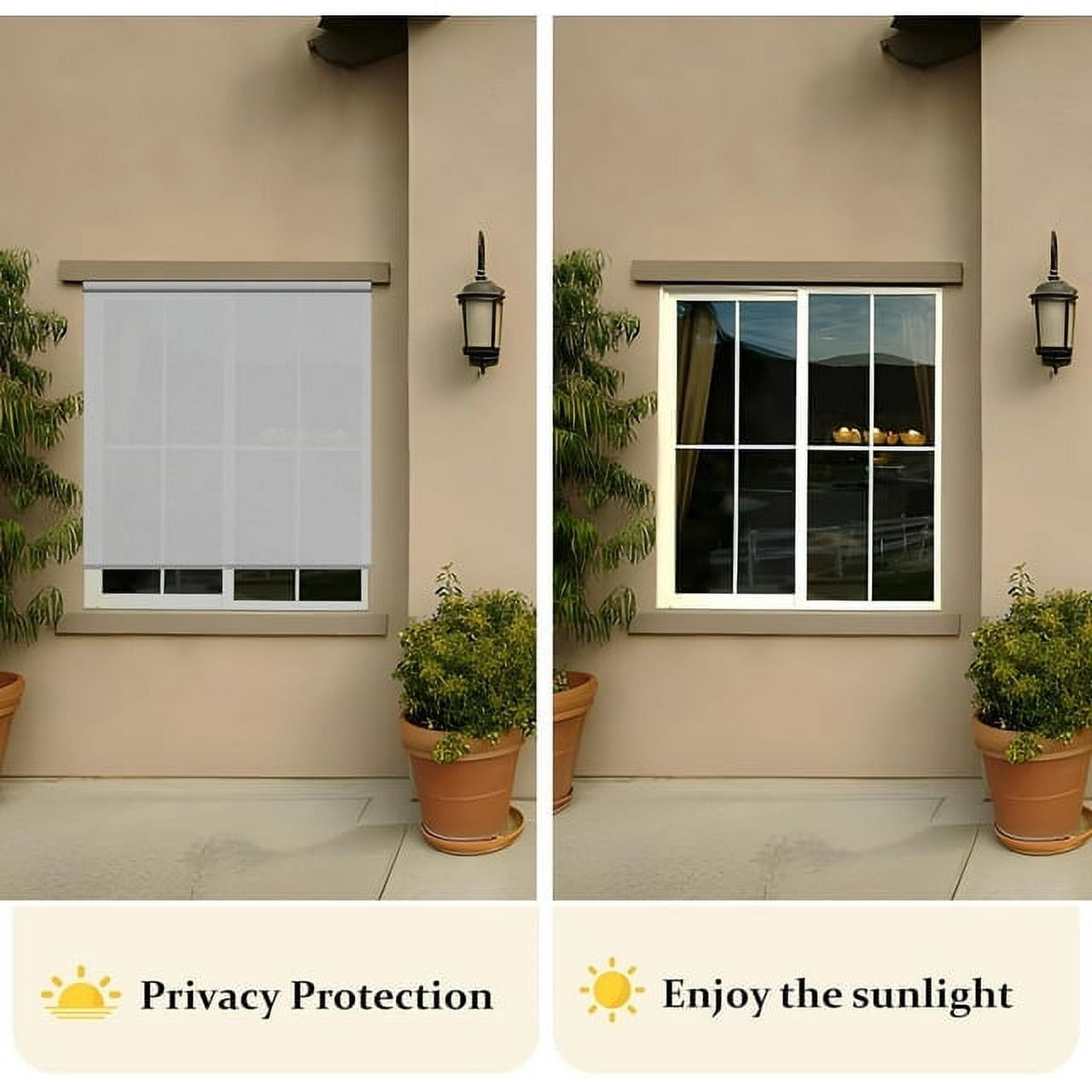 Royalcraft Outdoor Roller Shade 6'Wx6'H Biege 420GSM Cordless Patio Roller Blinds Shades with Pole, Waterproof Outdoor Blinds Roll Up for Gazebo Porch, Deck, Pergola