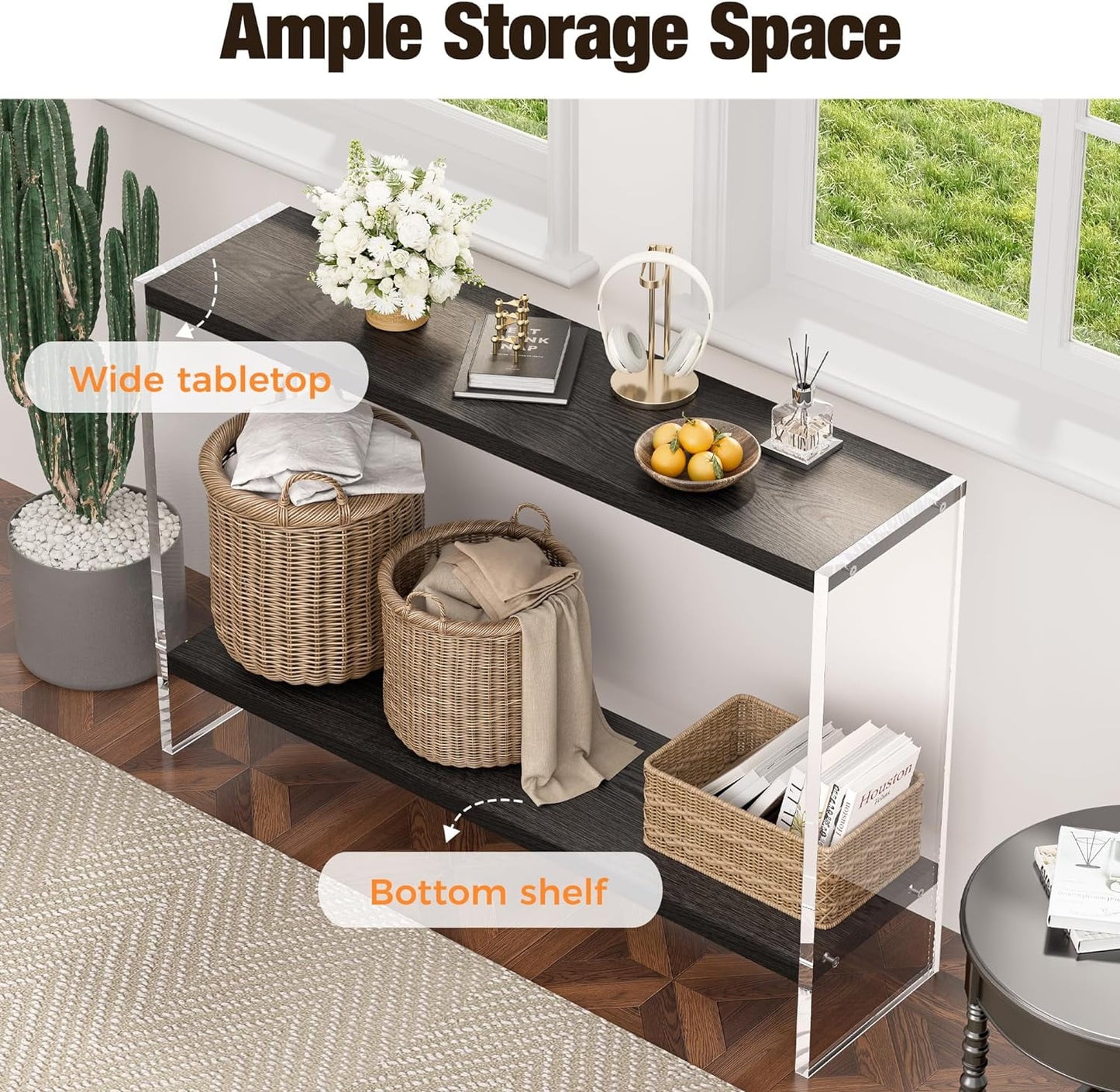 Acrylic Console Table, 47.24" Modern Entryway Table with Storage Shelf, Clear Acrylic Doorway Table, 2-Tier Sofa Table for Living Room, Bedroom, Hallway, and Dining Room (Black)