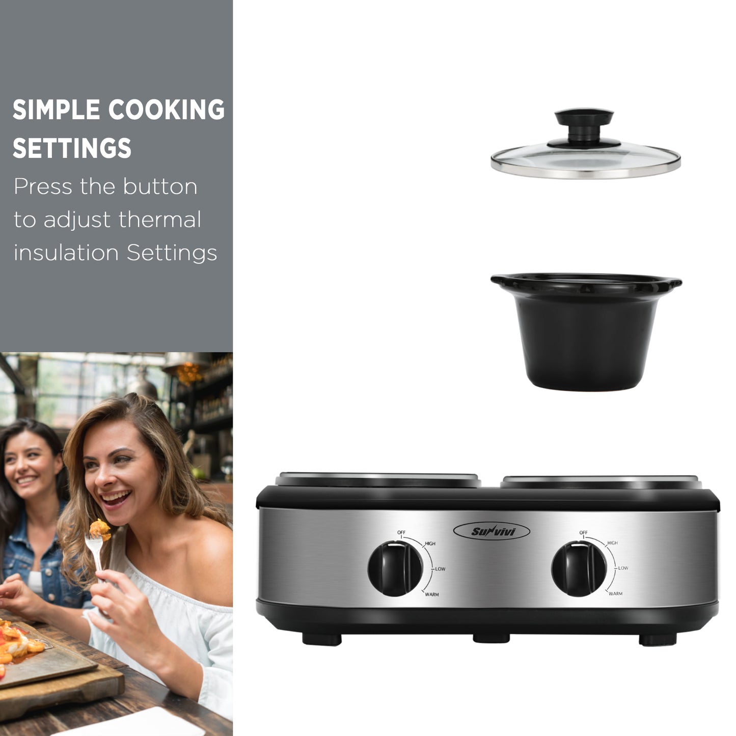 Royalcraft Double Slow Cooker, 2 Pot 1.25 Quart Oval Crock Food Warmer Buffet Server, Stainless Steel