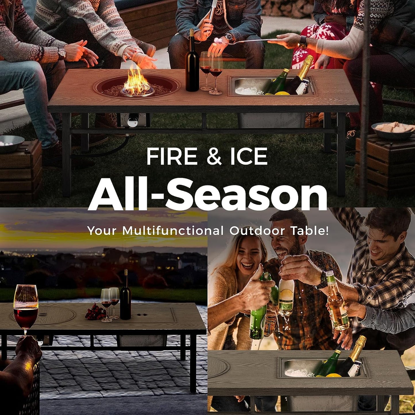 Royalcraft Aluminum Propane Fire Pit Table, 47" 50,000 BTU Multifunctional Fire Table with CSA Certification, 4.5 Gallons Ice Bucket, and Lava Rocks, 3-in-1 Coffee Table for Outdoor Patio, Grey