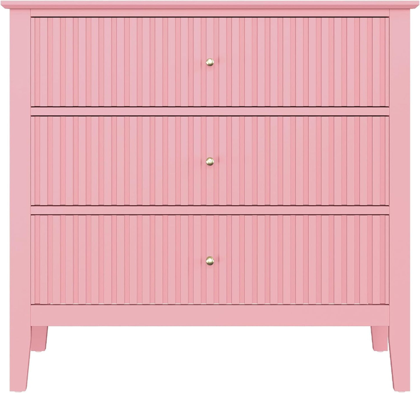 May in Color Pink Fluted Nightstand with 3 Drawers, Modern Bedroom End Table, Wood Bedside Table