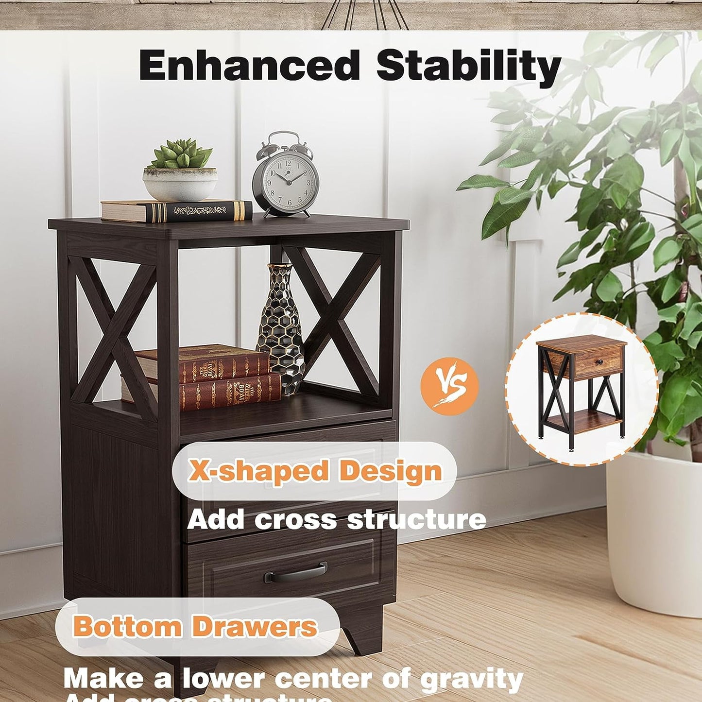 Royalcraft End Table, Side Table with X Shaped Design, Wooden Rustic End Table with 2 Large Storage Drawers and Large Open Shelf for Living Room