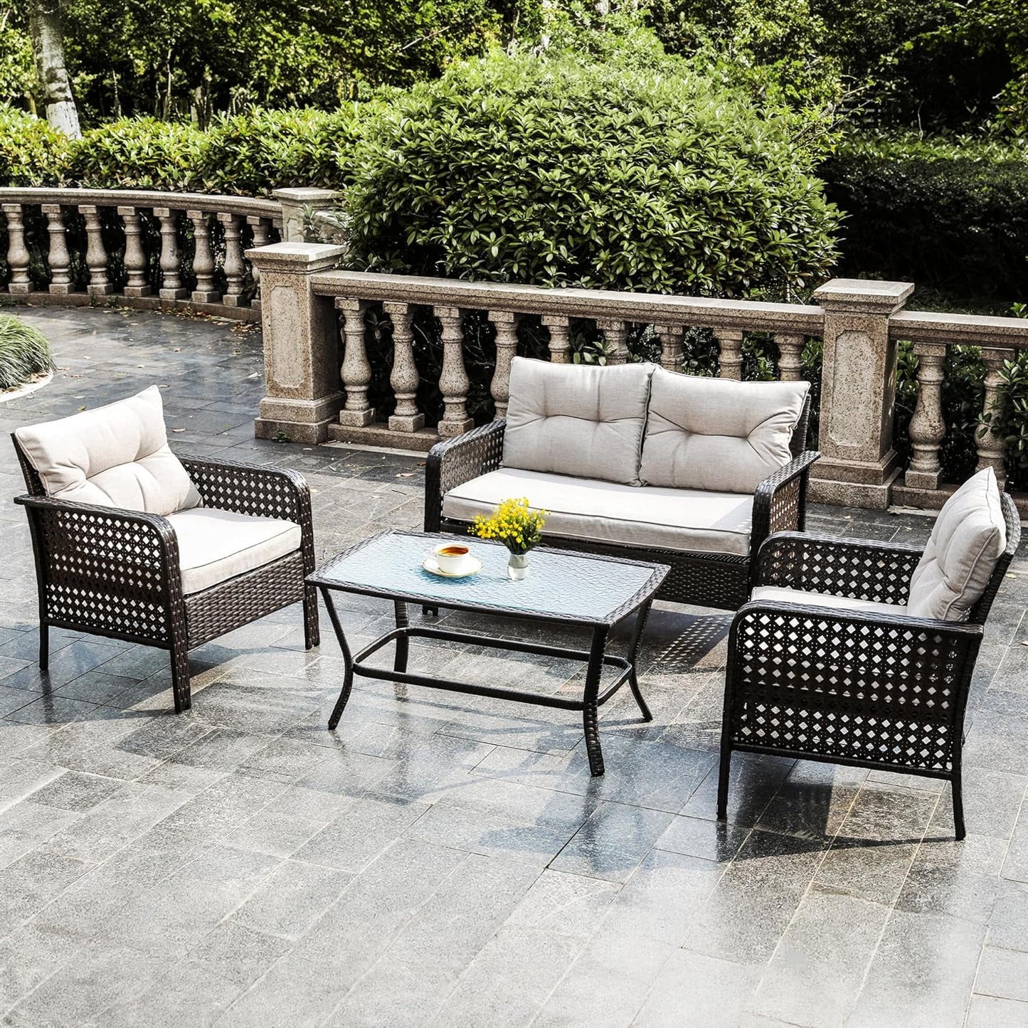CozyHom 4-Piece Patio Furniture Set, Outdoor Rattan Chair Wicker Conversation Sets with Cushions and Glass Coffee Table, for Porch Balcony Garden Backyard Deck