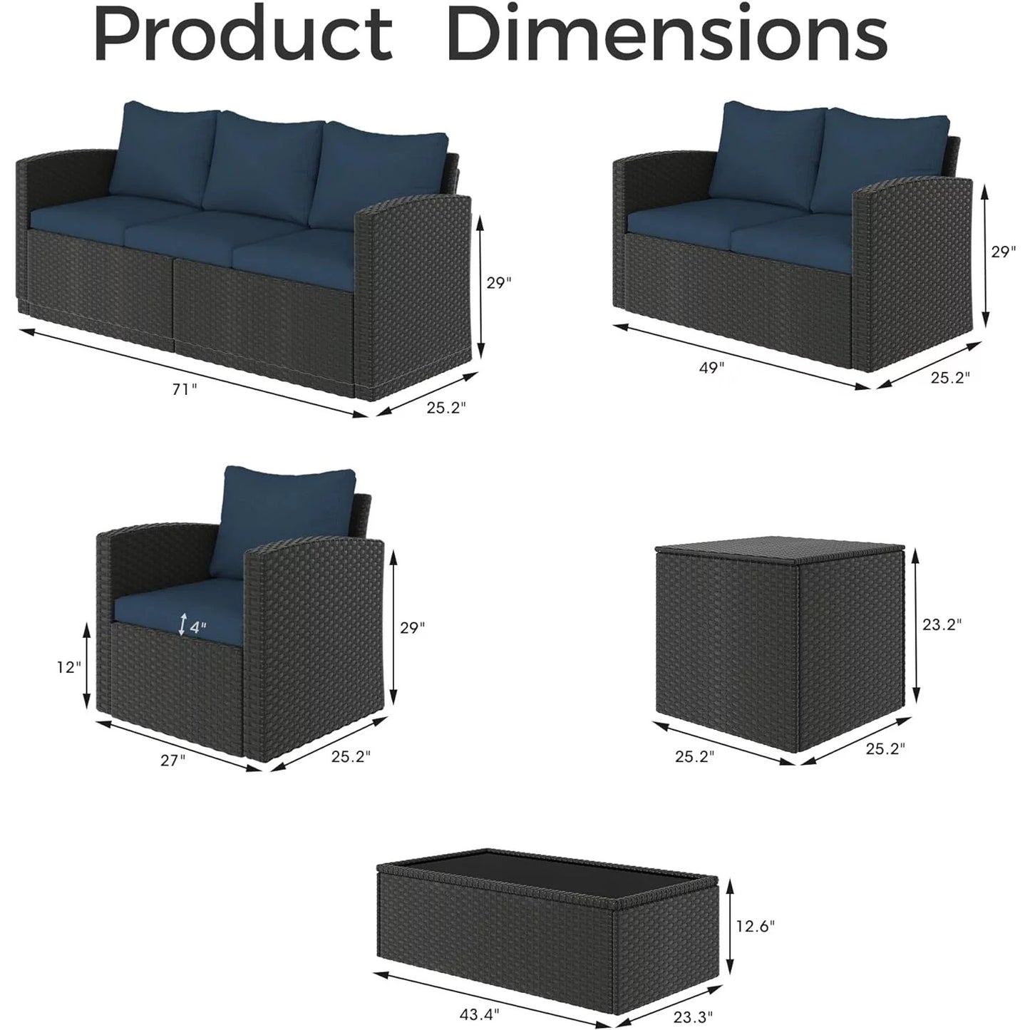 Royalcraft 9 Pieces Patio Furniture Sets, All-Weather Outdoor Sectional Wicker Conversation Set Outside Rattan Couch Sofa with Storage Box, Coffee Table, and Blue Cushion