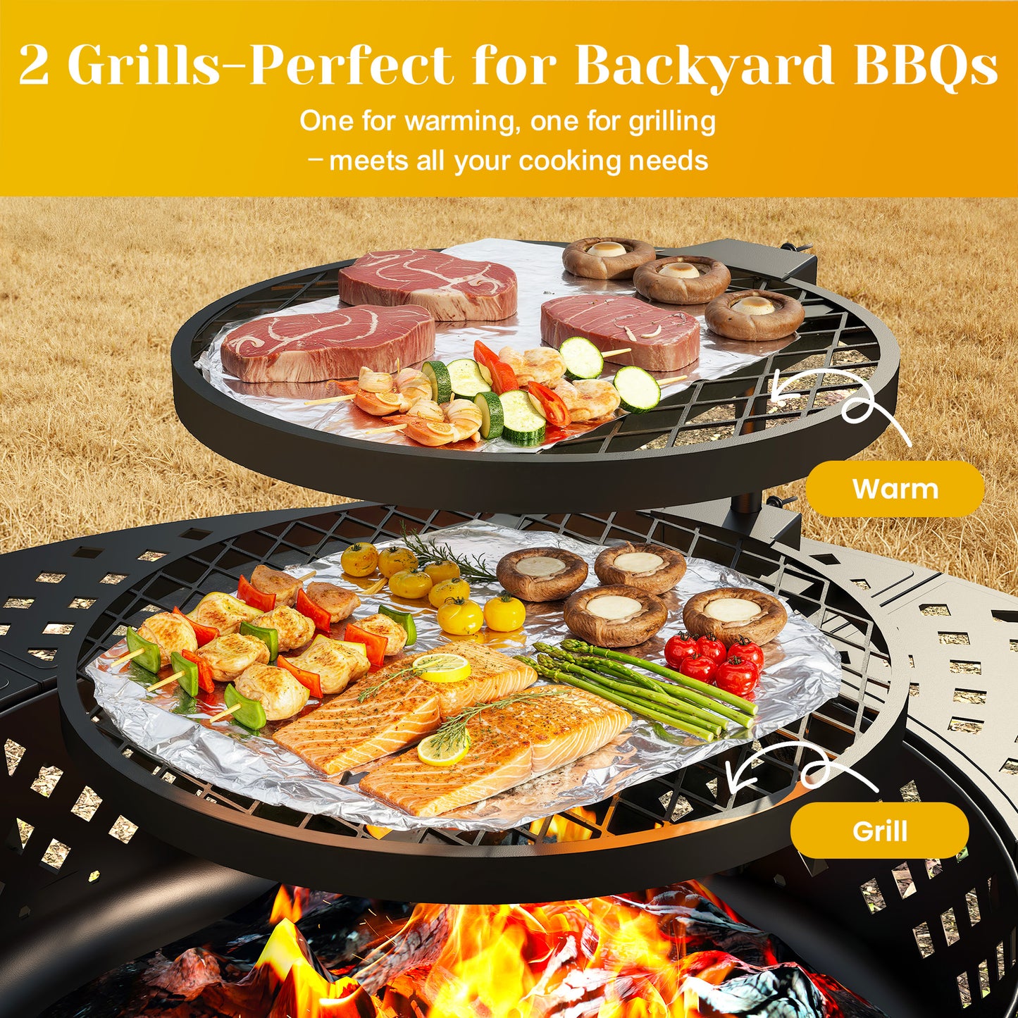 43'' Fire Pit with 2 Grills, Outdoor Wood Burning Fireplace with Lid and Fire Poker, BBQ & Bonfire & Round Metal Table 3 in 1 for Patio, Backyard, Garden, Black