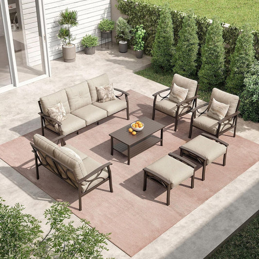 Royalcraft Outdoor Patio Furniture Set, 7 Piece Patio Conversation Set with Coffee Table and Ottomans, Metal Furniture Set for Porch Backyard Garden, Coffee