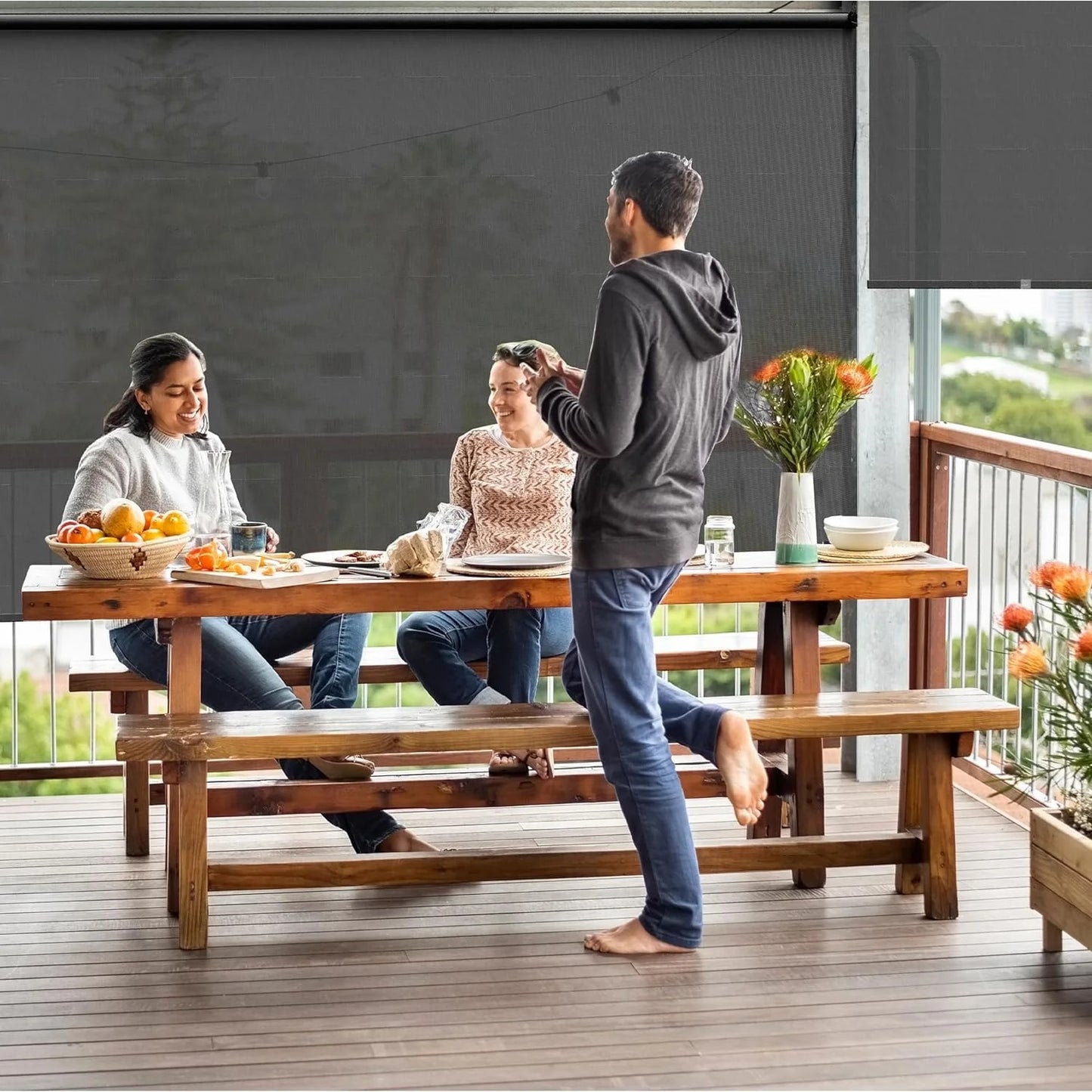 Royalcraft Cordless Outdoor Roller Sun Shade with Pole，6'Wx8'H 420GSM 95% Blockout Waterproof Outdoor Blinds Roll Up for Gazebo Porch, Deck, Pergola,Black