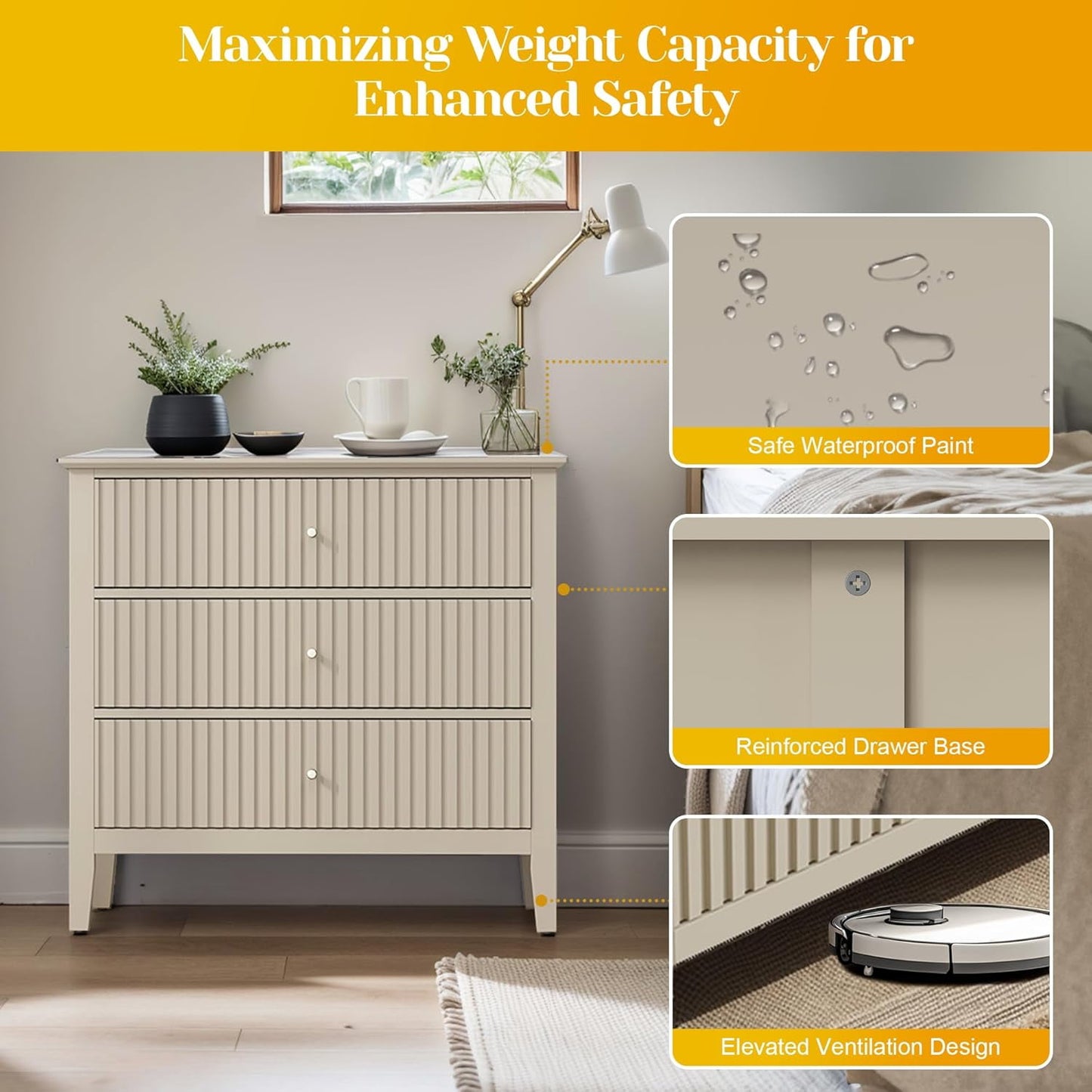 Mayincolor Large Fluted 3 Drawer Dresser set of 2, Wide Chest of Drawers with Modern Nightstand Cabinet Wood Dresser with Spacious Storage for Bedroom,Living Room,Beige