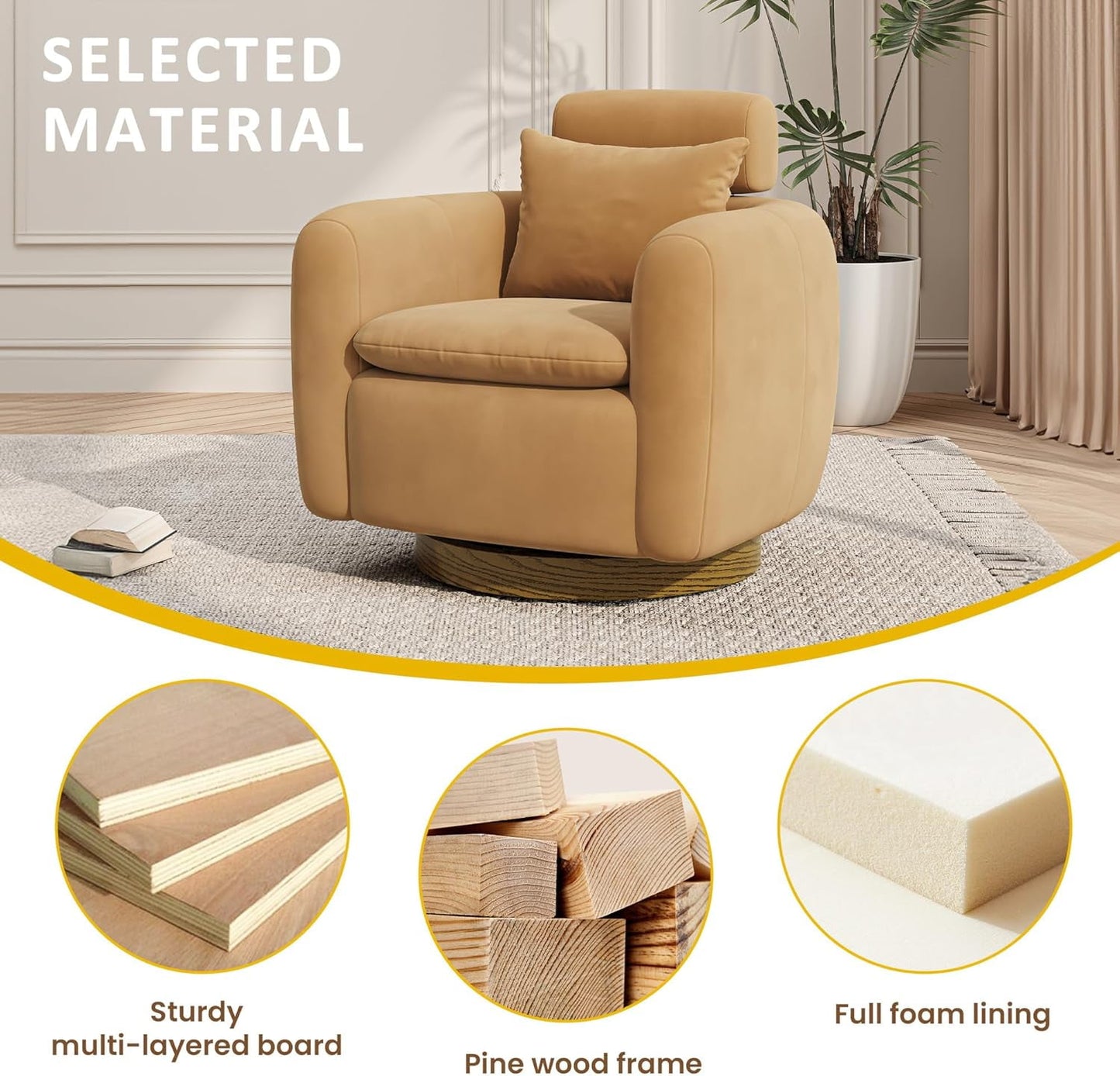 CozyHome Oversized Swivel Barrel Chair, 360° Accent Chair with Solid Wood Base, Comfy Upholstered Sofa Chair with Adjustable Headrest, Mid Century Modern Armchair for Living Room, Camel Brown