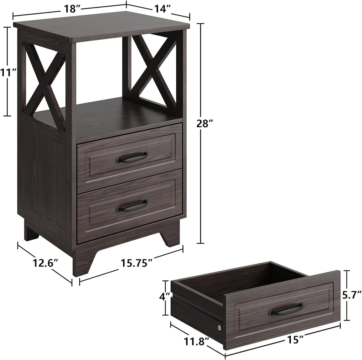 Royalcraft End Table, Side Table with X Shaped Design, Wooden Rustic End Table with 2 Large Storage Drawers and Large Open Shelf for Living Room