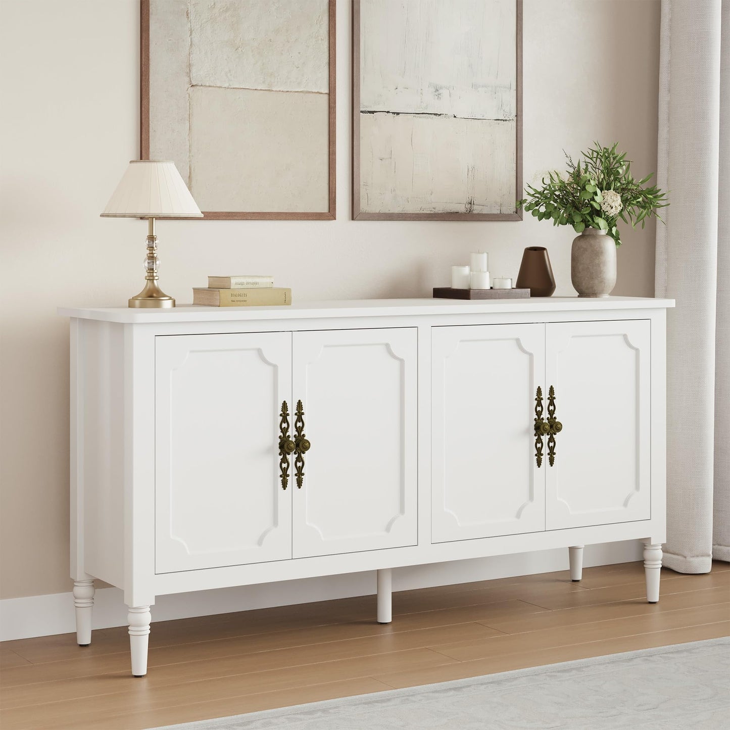 May in Color Sideboard, 58'' Mid Century Modern Storage Sideboards with 4 Doors and Adjustable Shelves, Console Table for Entryway, Dining Room, Living Room, White