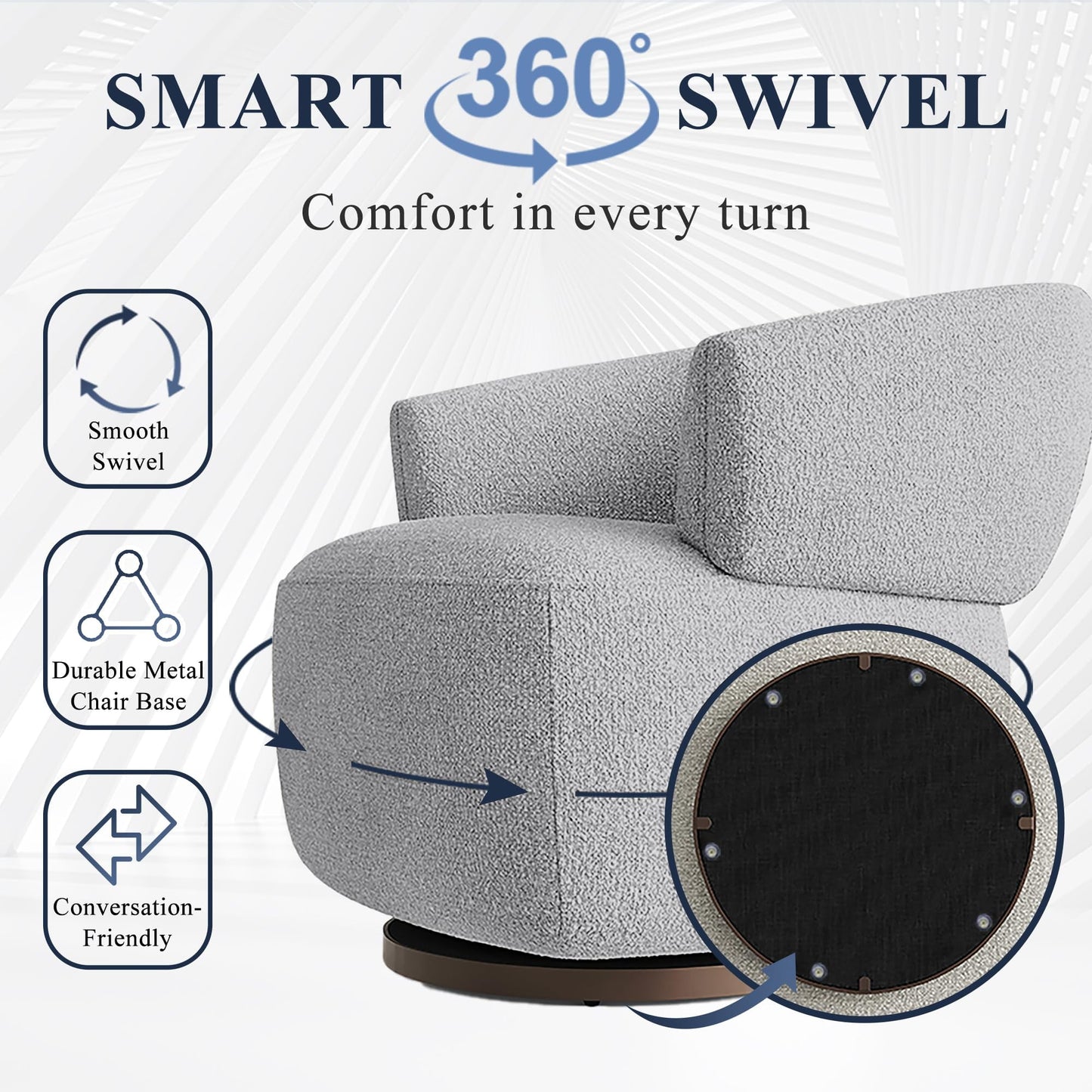 Superjoe Swivel Accent Chair, Fully Assembled Round Barrel Chairs, Oversized Upholstered Armchair with 360-Degree Base, Modern Club Chair for Living Room, Bedroom, Office, Grey