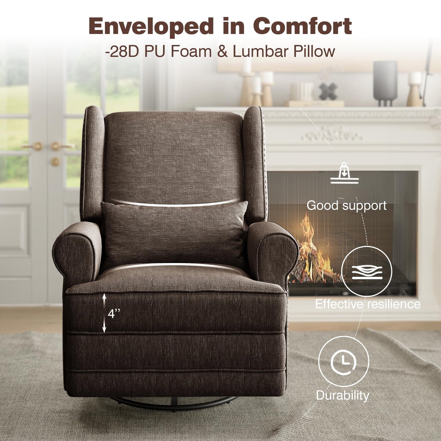 RoyalCraft Swivel Recliner Chair, Comfy Glider Rocking Chairs with Lumbar Pillow and Footrest, Upholstered Swivel Rocking Chair for Bedroom,Nursery,Brown