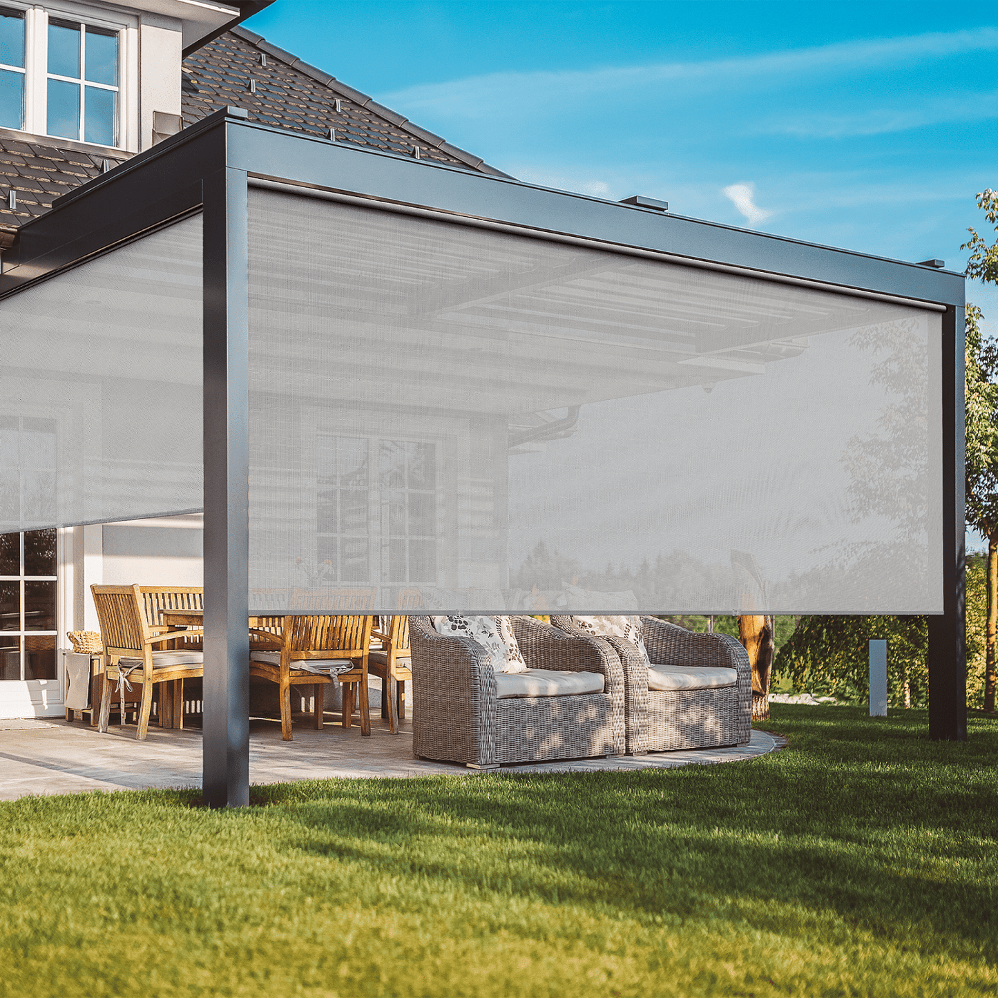 Royalcraft Cordless Outdoor Roller Sun Shade with Pole，6'Wx8'H 420GSM 95% Blockout Waterproof Outdoor Blinds Roll Up for Gazebo Porch, Deck, Pergola,Brown