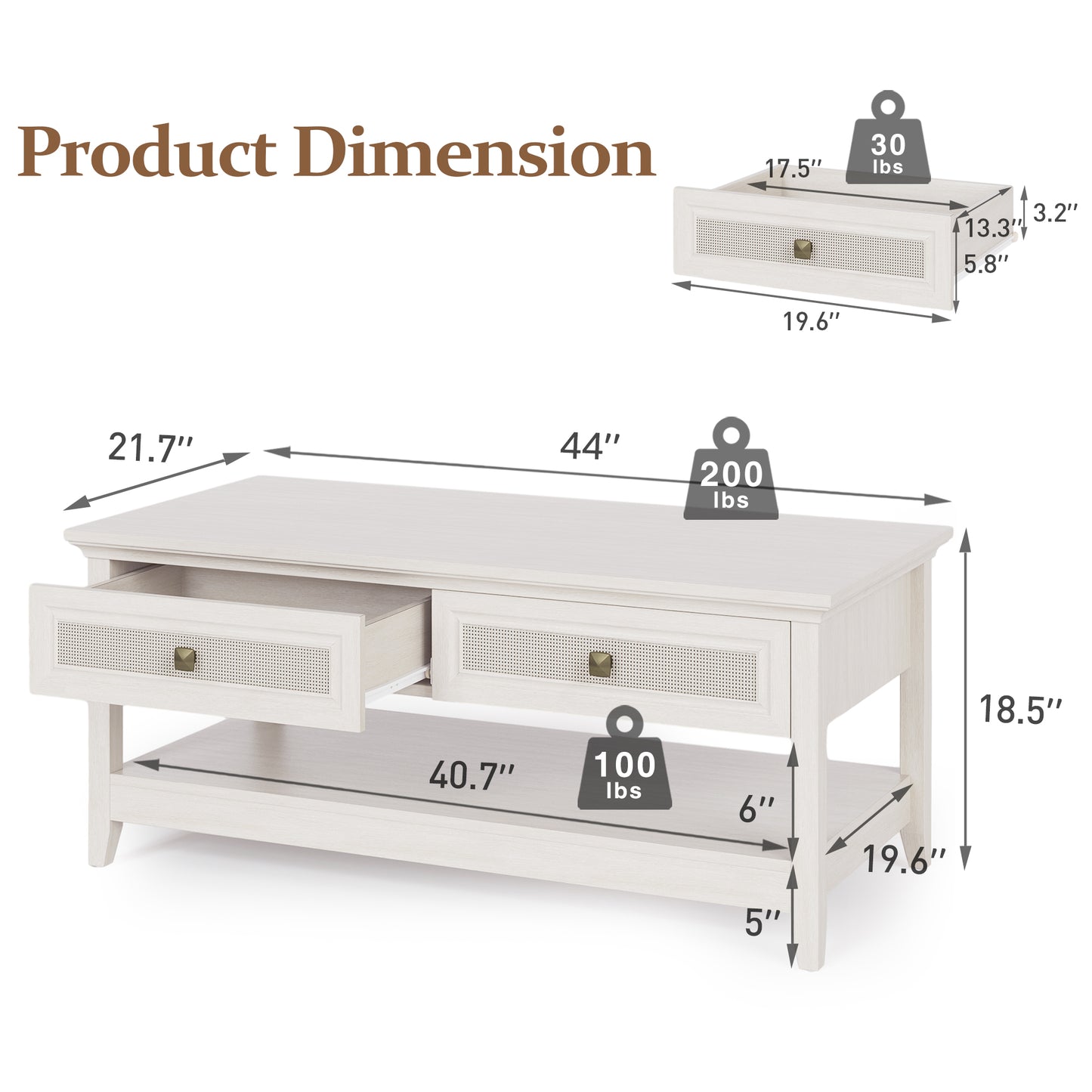 Royalcraft Farmhouse Coffee Table, Boho Tea Table with 2 Rattan Decor Drawers, Accent Center Sofa Table with Storage Shelf, 2 Tier Coffee Table for Bedroom, Living Room, Home Office, Grayish White