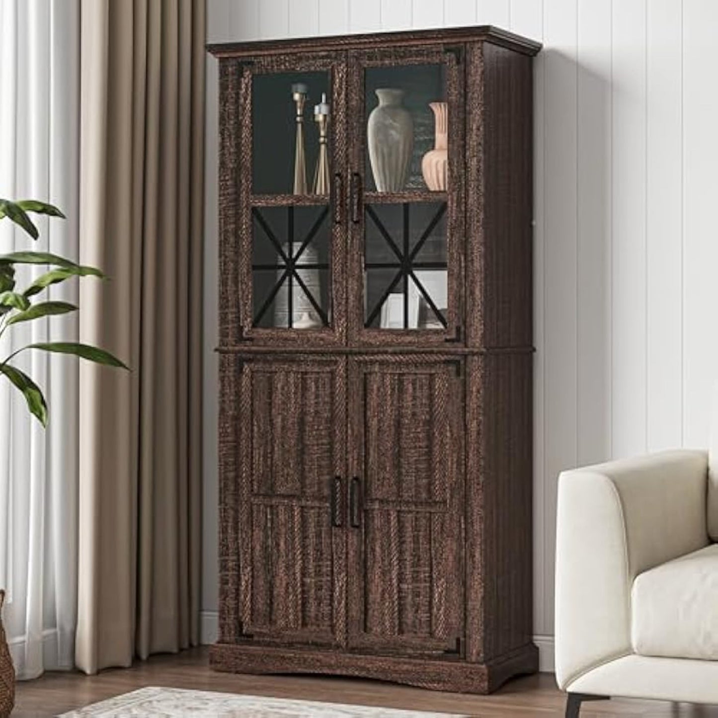 CozyHome 69'' Tall Farmhouse Storage Cabinet, Retro Display Cabinet with RGB Lights, Freestanding Kitchen Pantry Cabinet, Living Room, Home Office, Brown