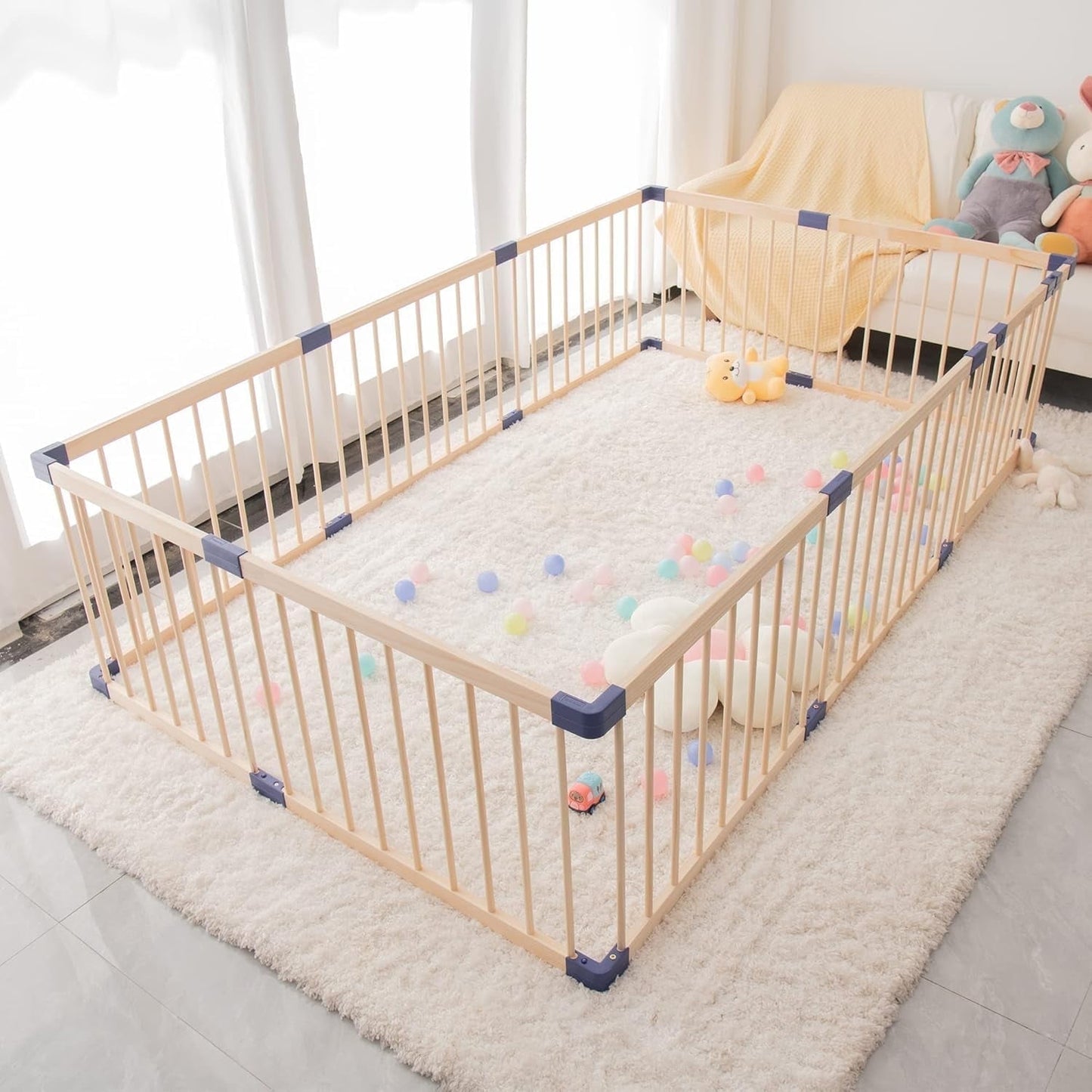 CozyHome Baby Playpen Kids Fence with Safety Gate, Activity Play Center, Safety and Anti-Drop Function, Safety Play Yard Indoor Outdoor Pure Wooden Baby Playpen (94.5"*55"*24")