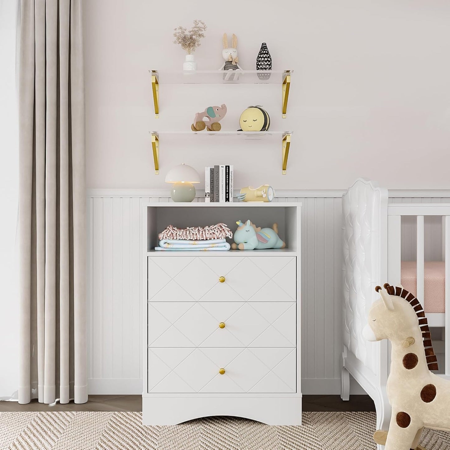 CozyHome Dresser with Drawers & Floating Shelves, 3 Drawer Dresser with Open Storage & Painted Finish, Modern Storage Dresser for Toddler Room, Bedroom, Closet, Hallway, White