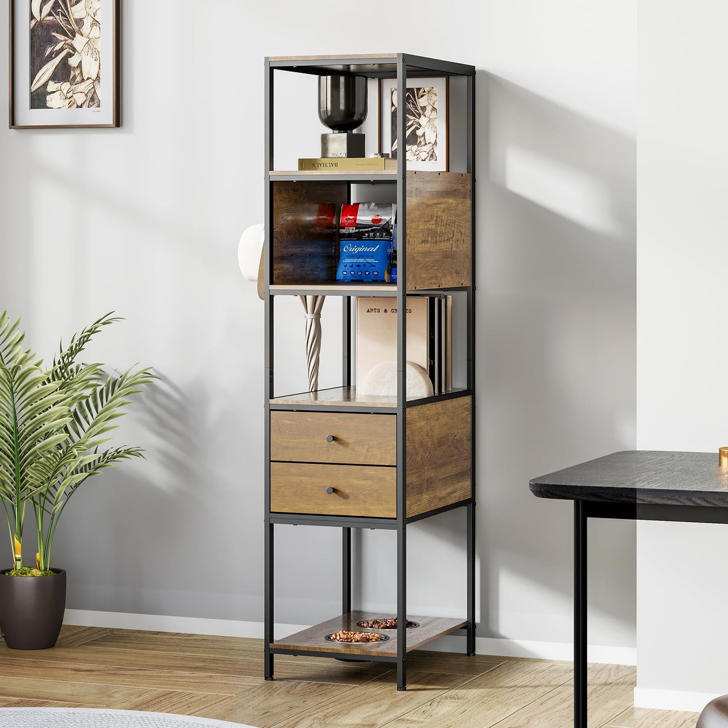 CozyHome Industrial Bookshelf, Standing Display Shelf with 2 Dog Bowls, Metal and Wood Bookshelf, Dog Feeder Station with Shelves, Brown