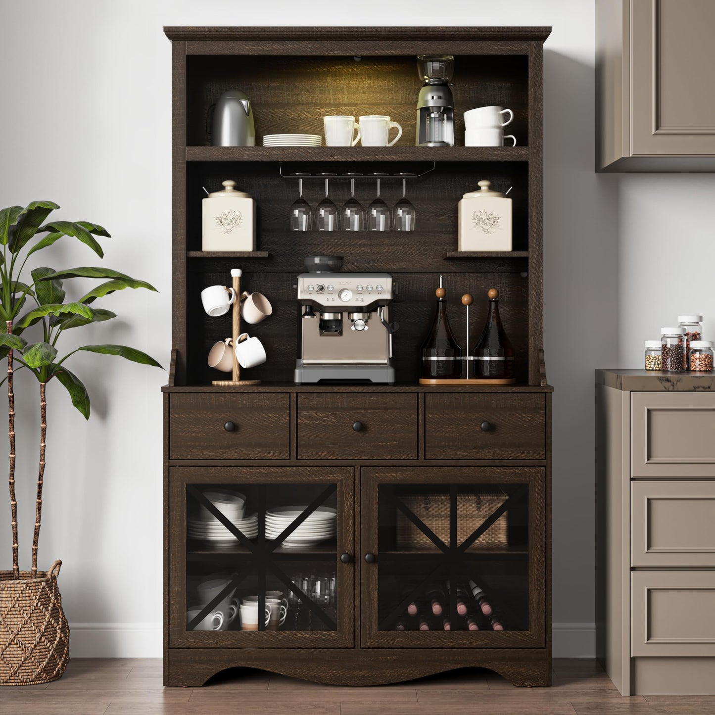 CozyHome Kitchen Hutch Storage Cabinet w/Power Outlet, 71” Tall Pantry Cabinet w/LED and Wine Glasses Rack, Farmhouse Coffee Bar Cabinet w/Drawers for Dining Room, Dark Rustic Oak