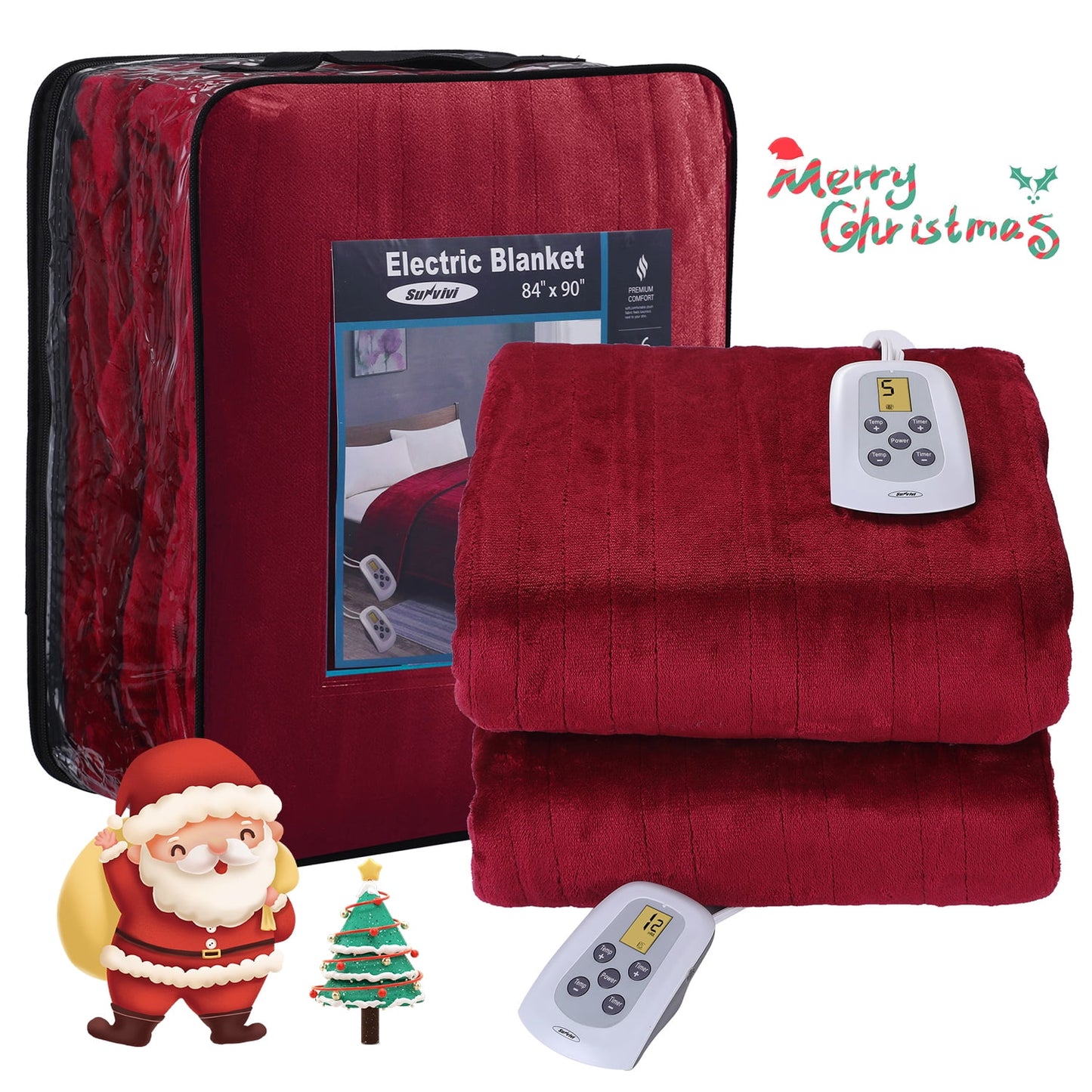 Electric Blanket Queen Size with Dual Controllers,10 Heating Levels& 12 hours Auto-off,Overheat Protection,Red