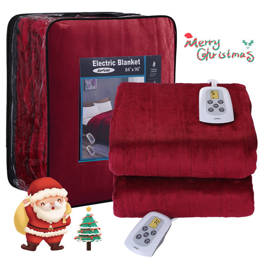 Electric Blanket Queen Size with Dual Controllers,10 Heating Levels& 12 hours Auto-off,Overheat Protection,Red