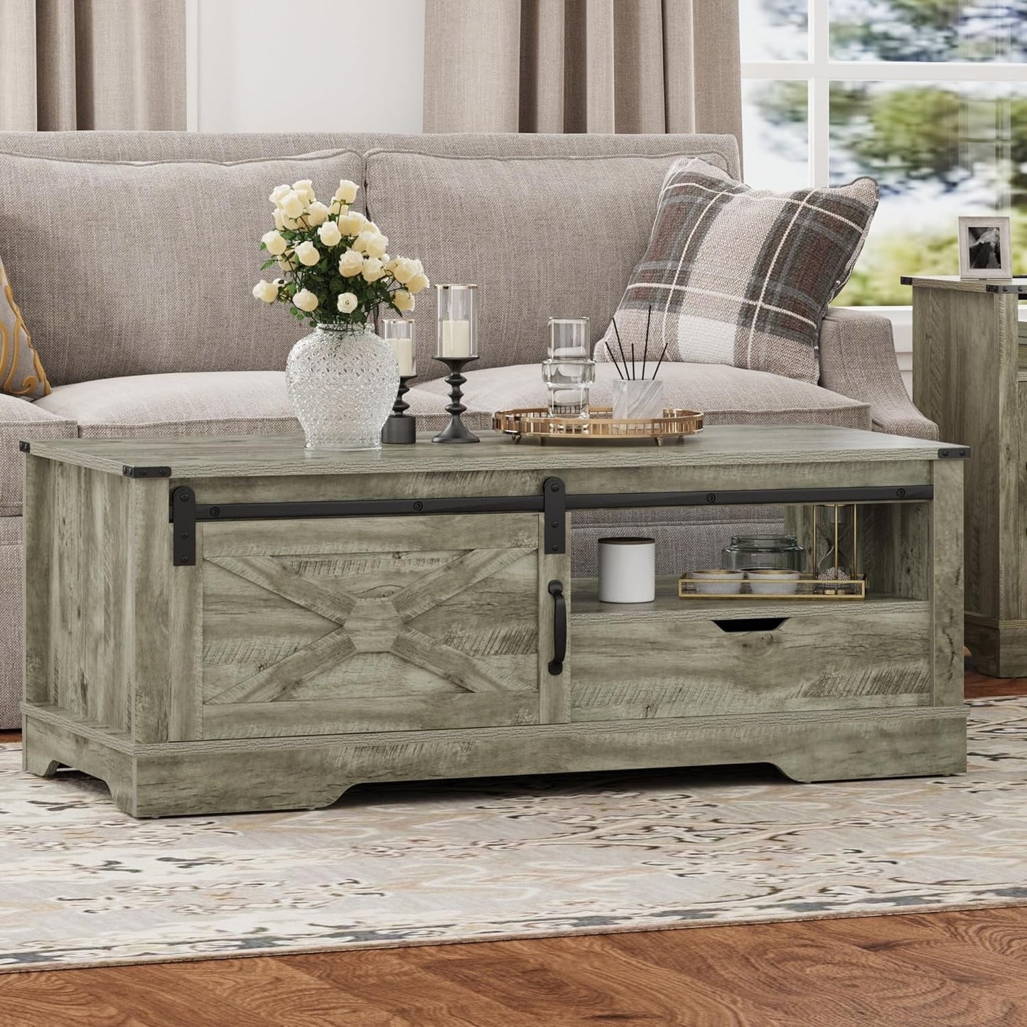 Farmhouse Coffee Table with Storage and Sliding Barn Door, 48'' Rustic Living Room Table , Rectangular Center Table