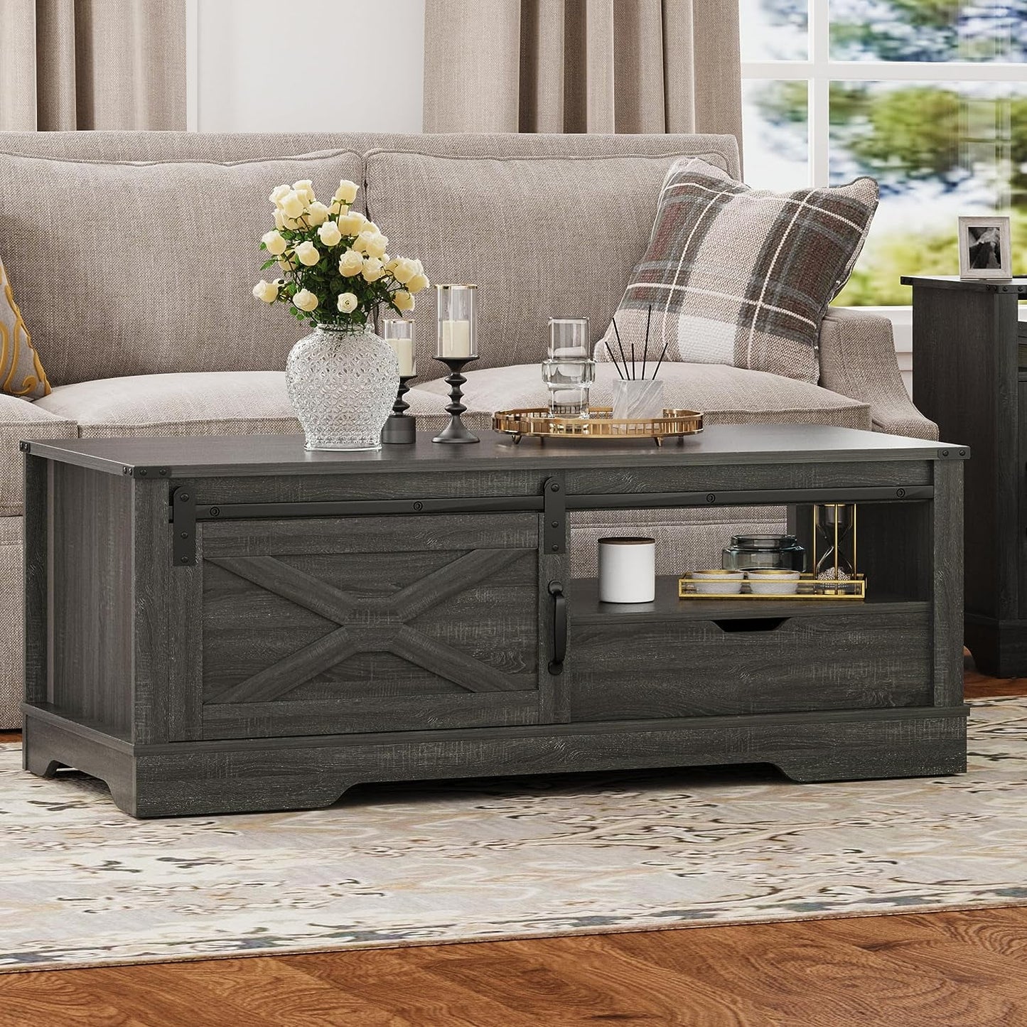 Farmhouse Coffee Table with Storage and Sliding Barn Door, 48