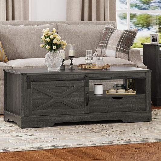 Farmhouse Coffee Table with Storage and Sliding Barn Door, 48'' Rustic Living Room Table , Rectangular Center Table , Rustic Dark Grey
